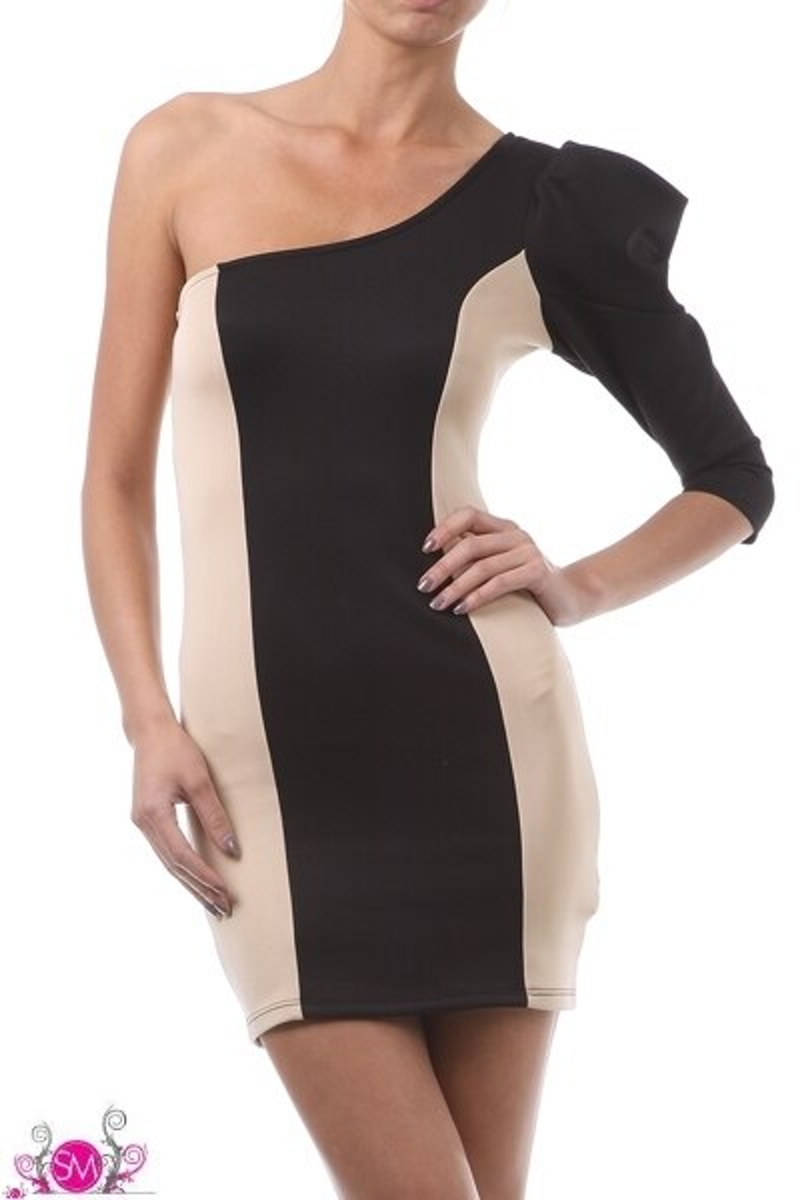 One-shoulder mini dress, black body with beige side panel and oversized puff sleeve