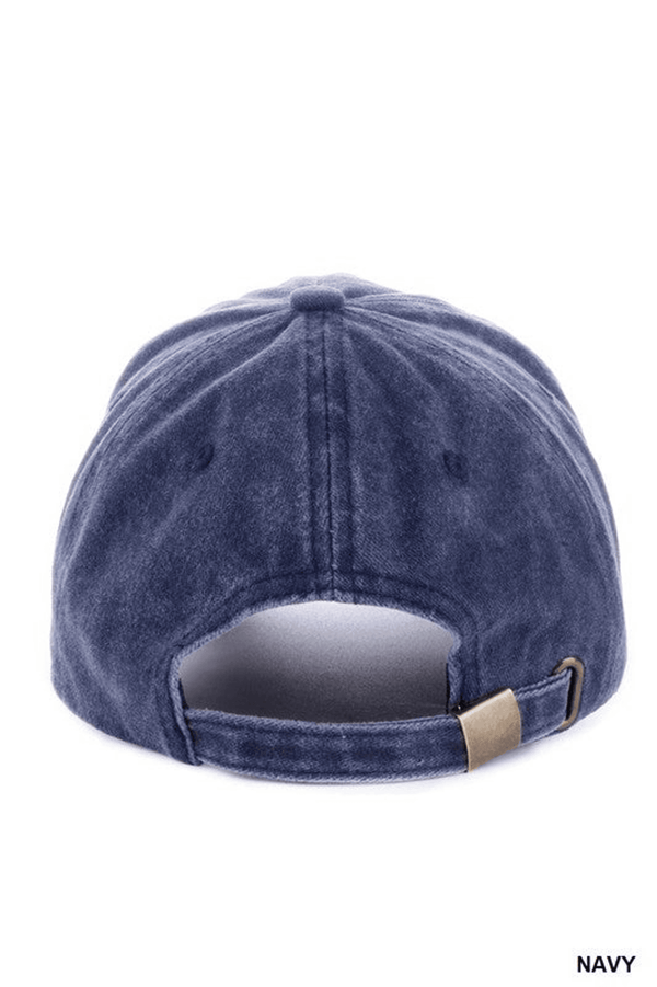 Embroidered vintage washed cap hat in navy, adjustable back strap with eyelets