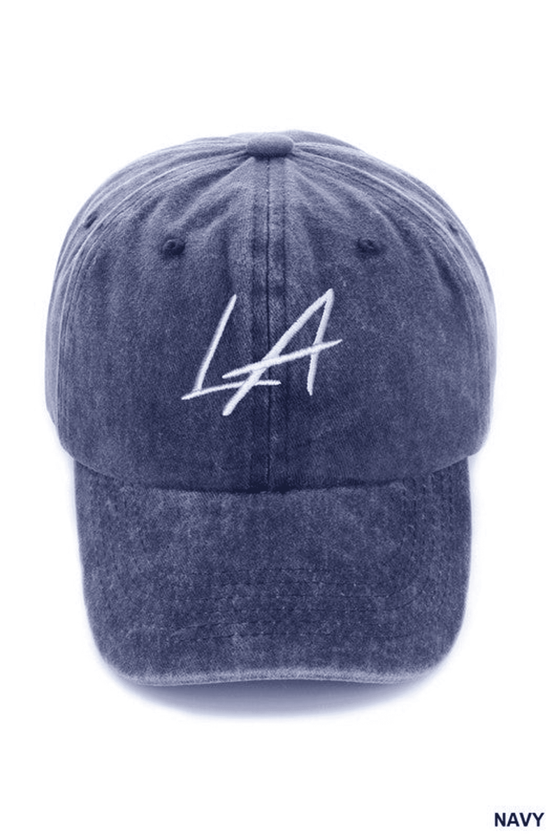 Embroidered vintage washed cap hat in navy with white LA logo embroidery
