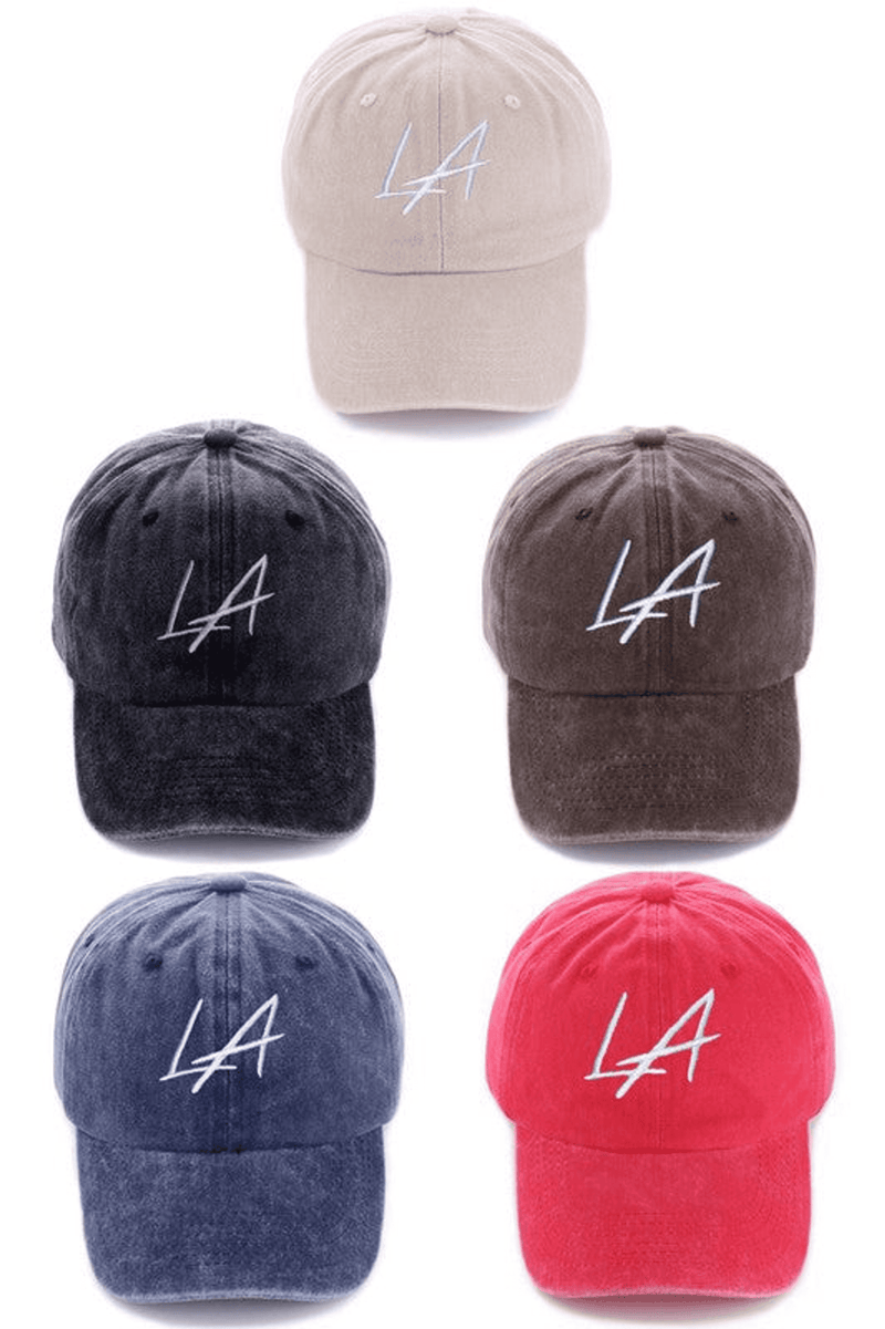 Embroidered vintage washed cap hats in beige, dark gray, brown, blue, red, each with LA logo