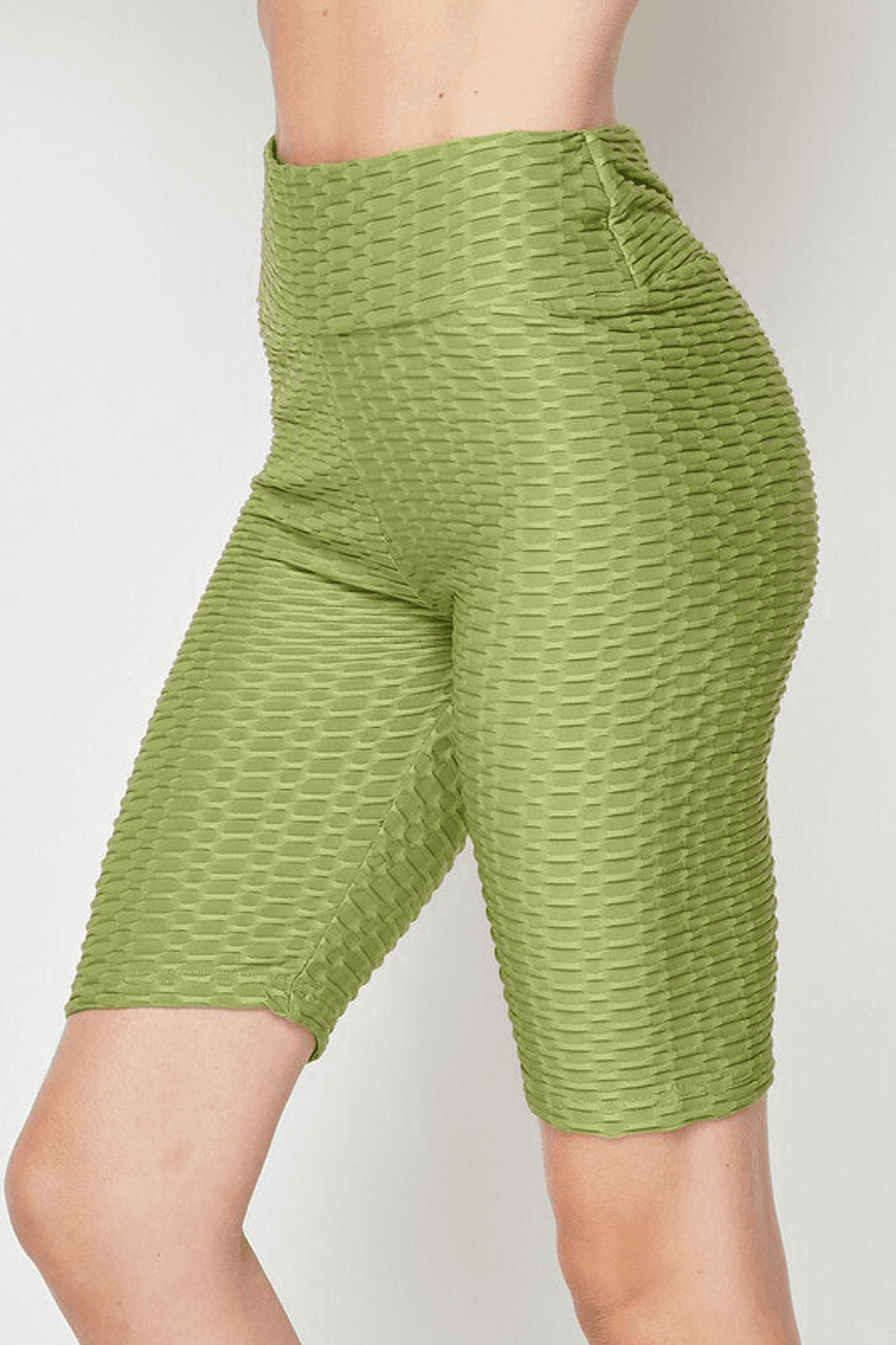 Olive honeycomb-texture scrunch-butt biker shorts, high-waist