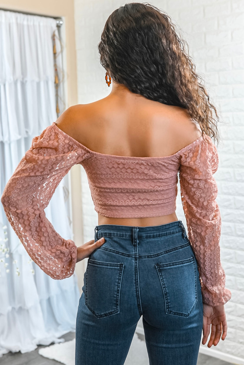 Dusty rose long-sleeve scrunch tie center cropped top, back view, off-shoulder