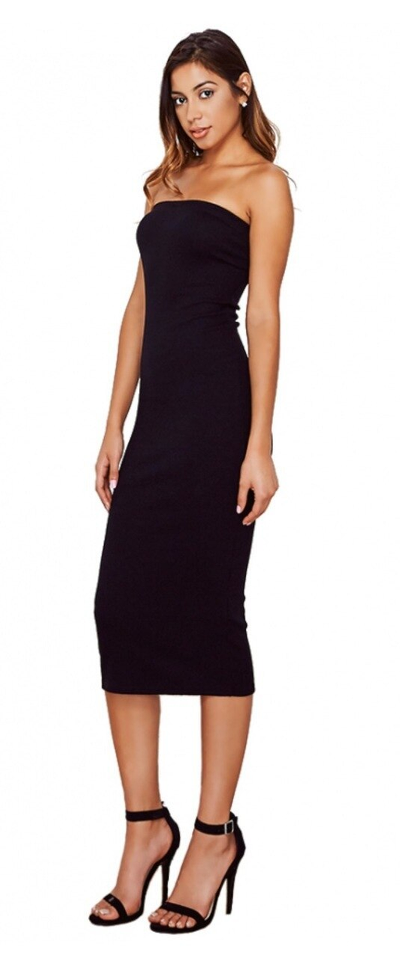Black strapless fitted midi dress with fitted waist seam