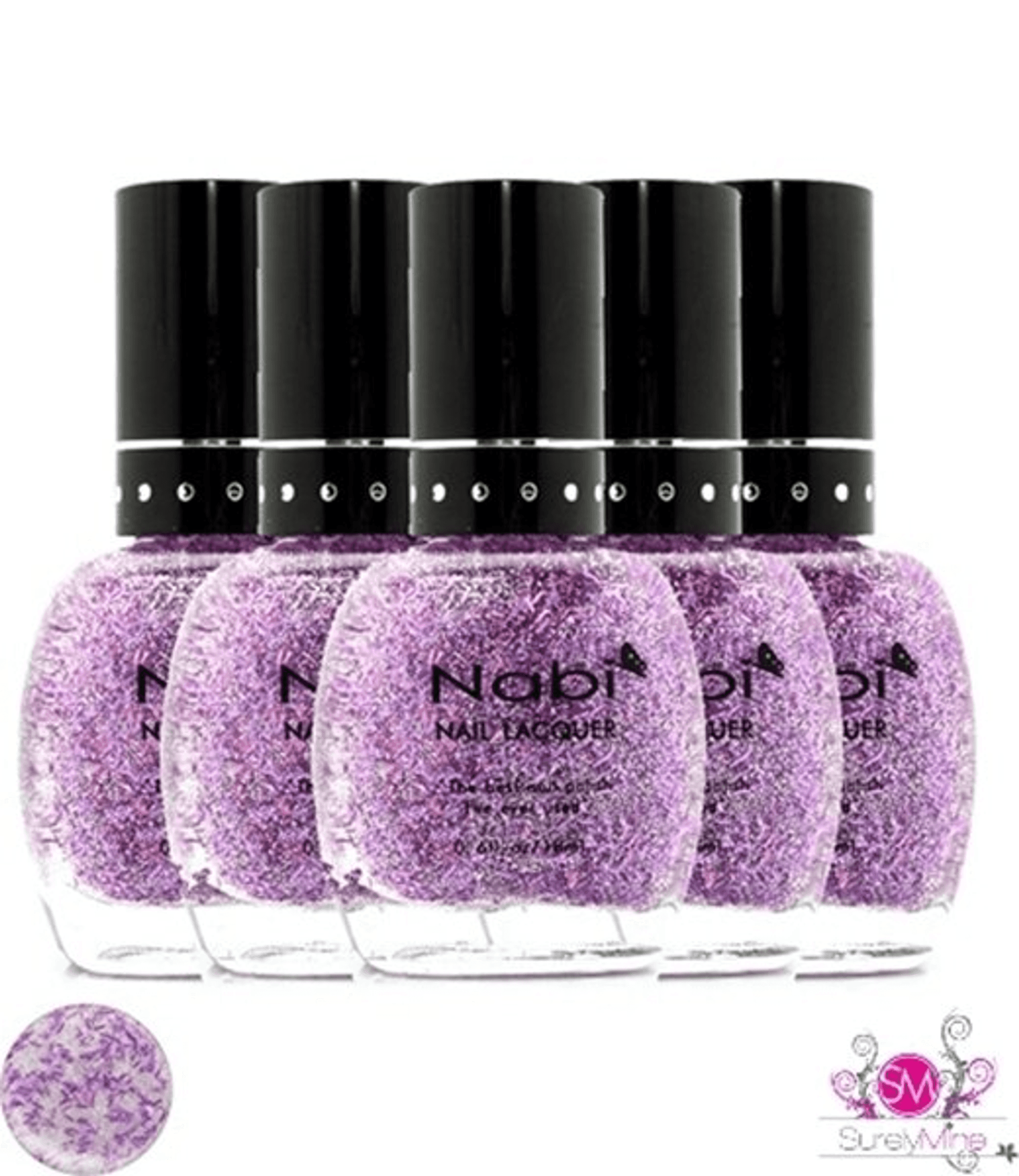 Nabi multi purple glitter nail polish bottles with black caps and purple glitter finish