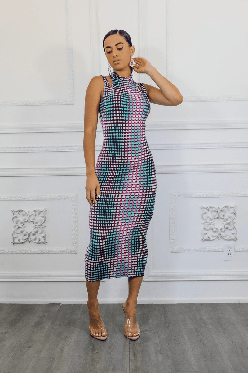 Sleeveless midi dress with high neckline and multicolor scale grid print, pink and teal
