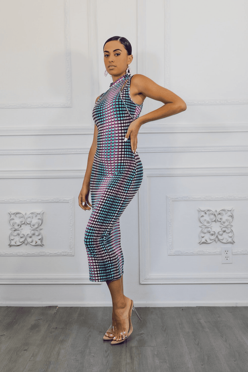 Sleeveless midi dress with high neckline, fitted shape, and multicolor scale grid print