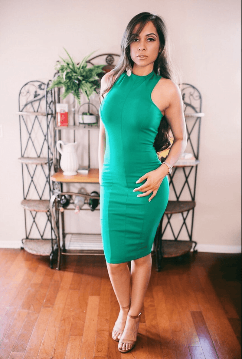 Teal sleeveless high-neck midi sheath dress, fitted waist