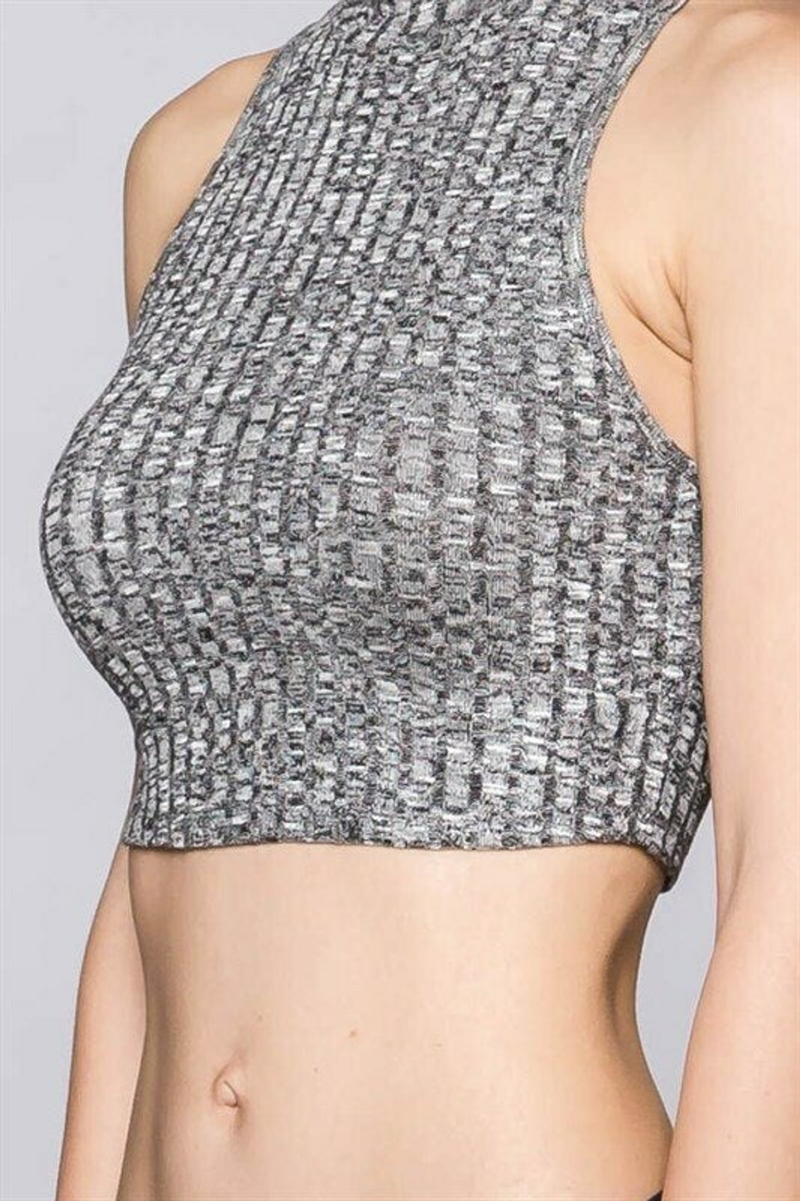 Gray knitted crop top with high neckline and textured pattern, perfect for trendy casual wear.