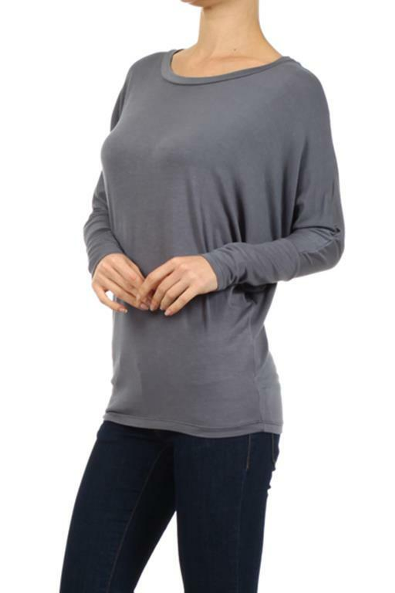 Grey long-sleeve dolman tunic top with crew neck and relaxed fit