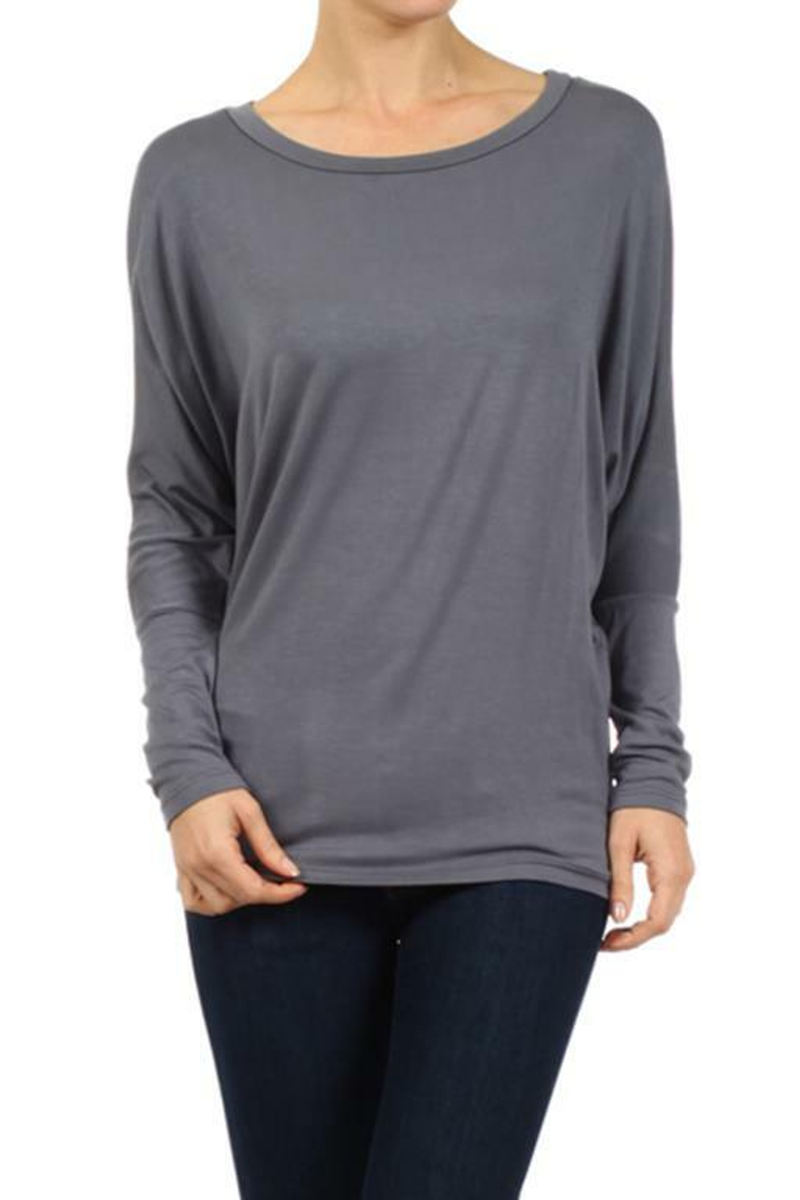 Grey long-sleeve dolman tunic top, crew neckline, straight hem