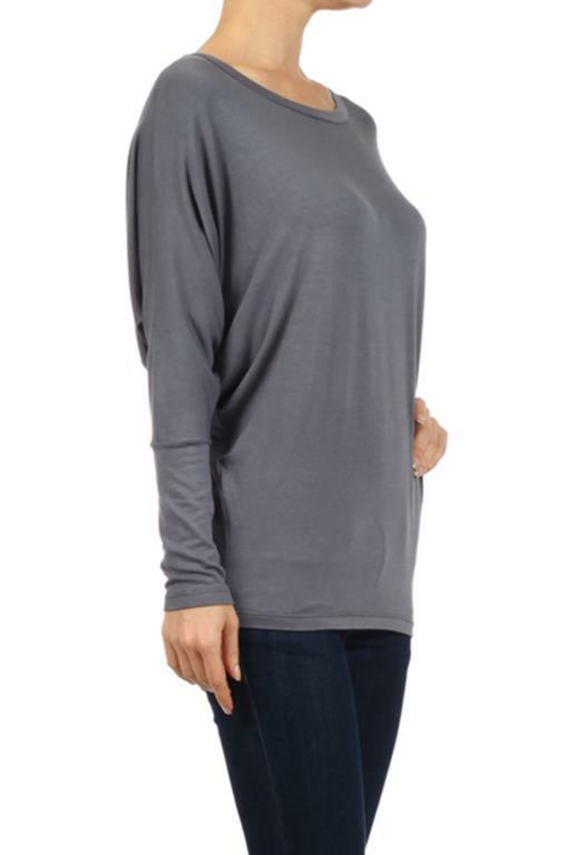 Grey long-sleeve dolman tunic top with crew neckline
