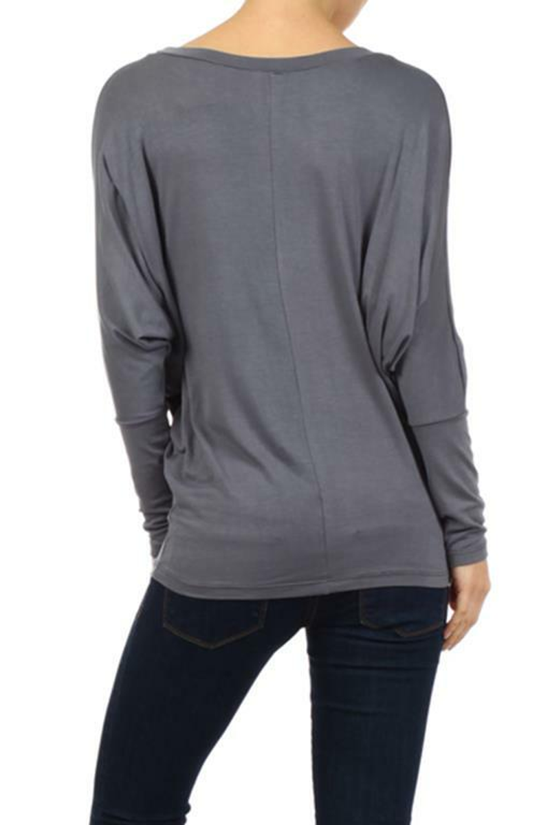 Grey dolman tunic top back view, long sleeves, curved hem