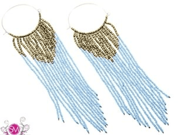 Blue and gold beaded tassel hoop earrings with fringe