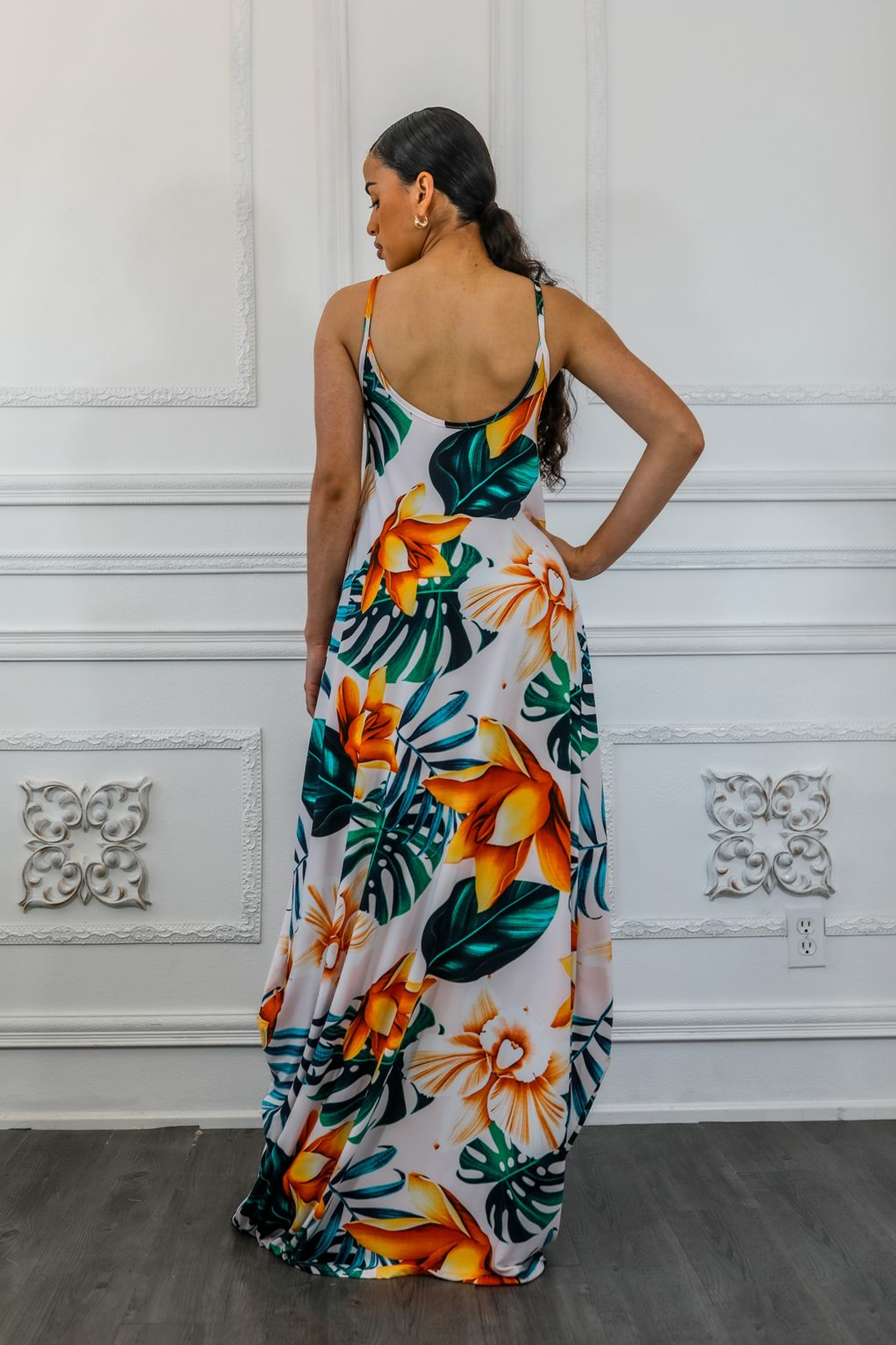 Tropical floral maxi dress, open back with spaghetti straps