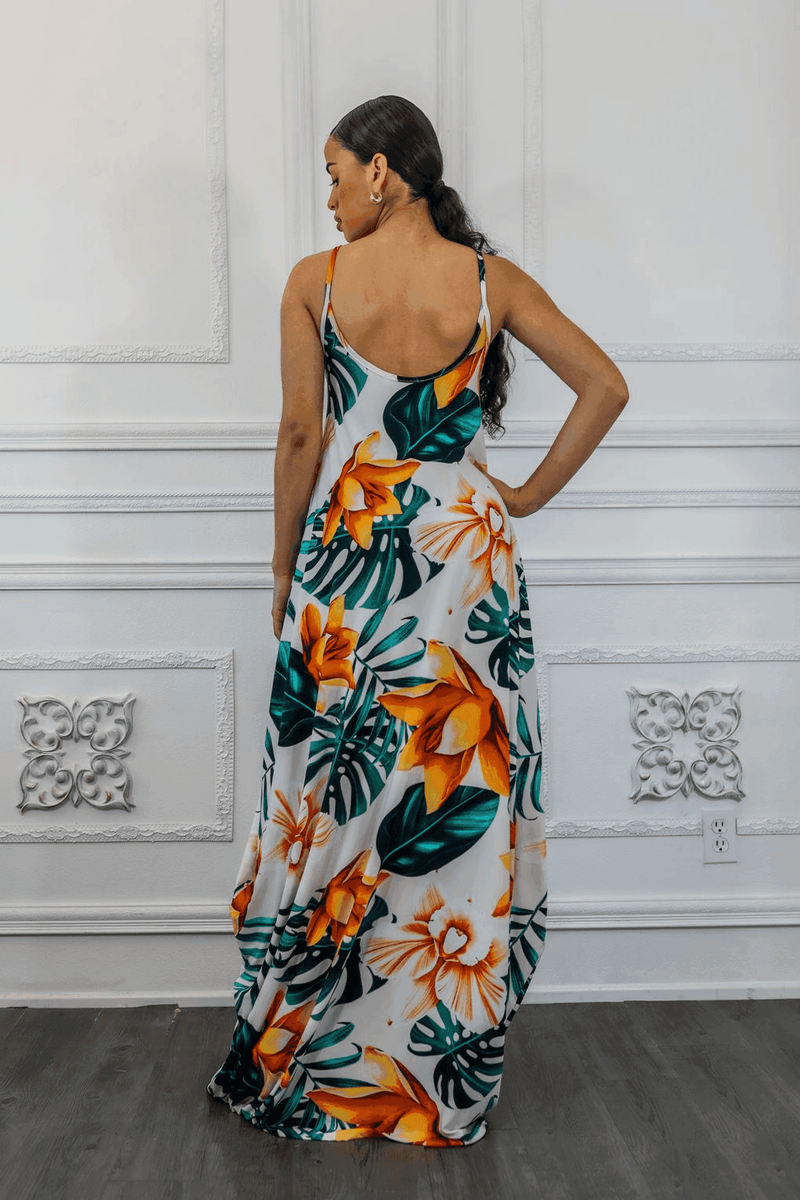Tropical floral maxi dress, open back with spaghetti straps