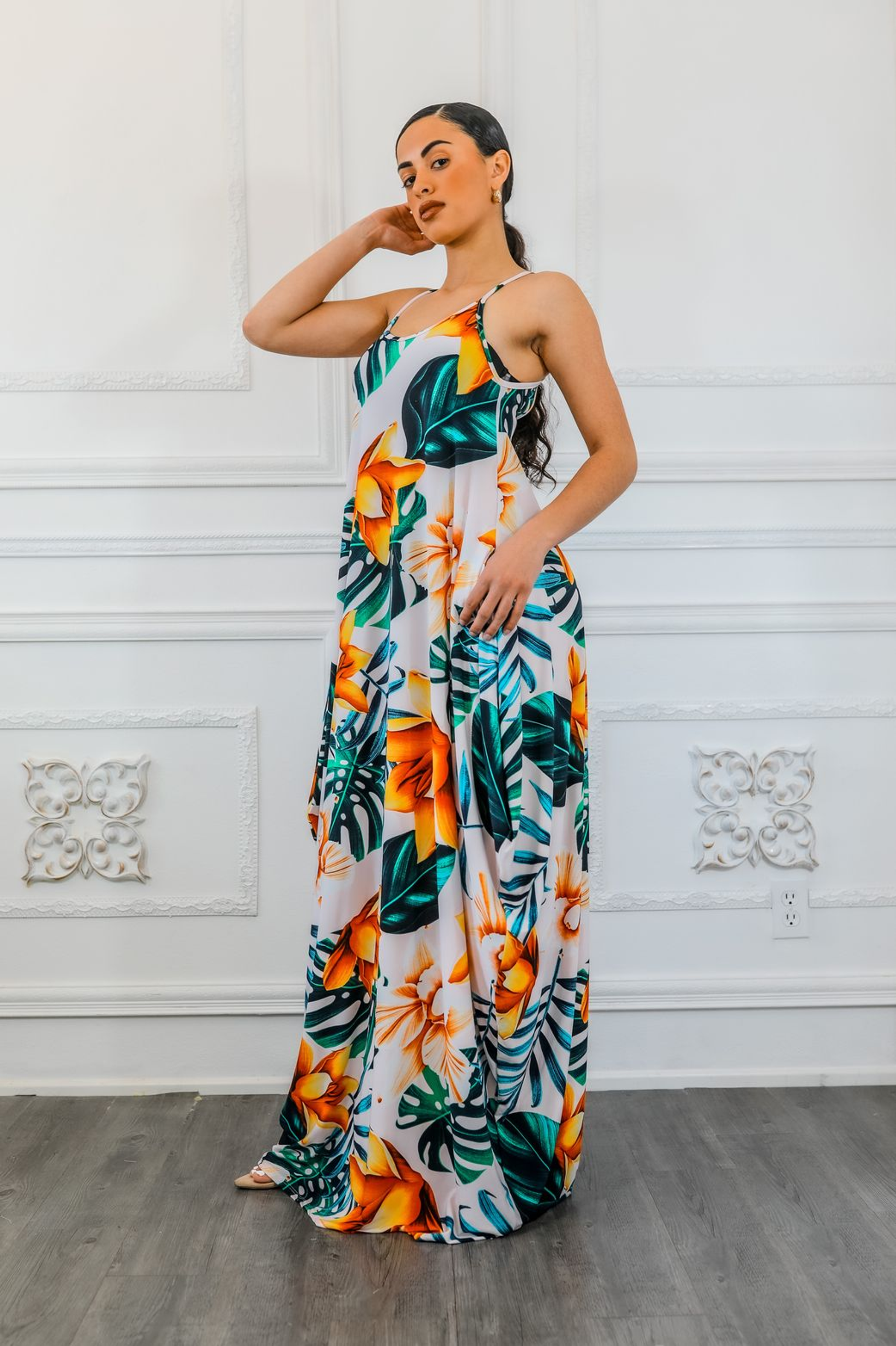 Tropical floral maxi dress with spaghetti straps and sleeveless scoop neckline