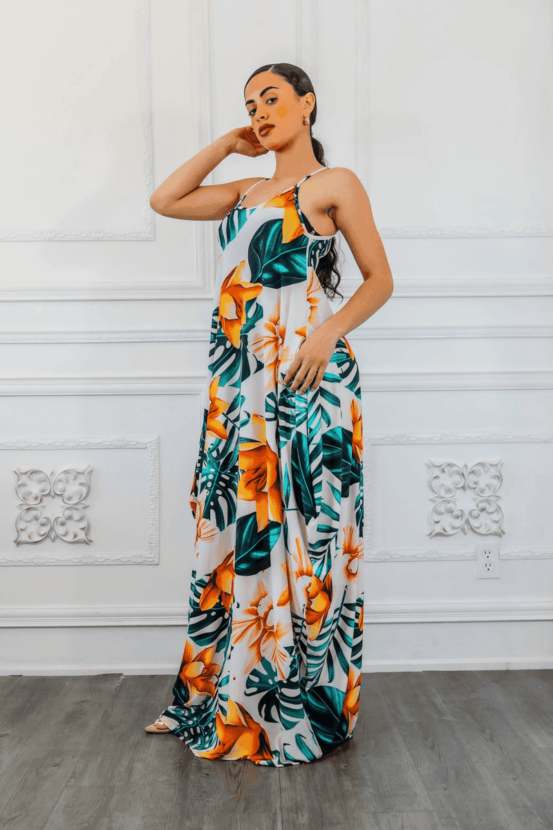 Tropical floral maxi dress with spaghetti straps and sleeveless scoop neckline