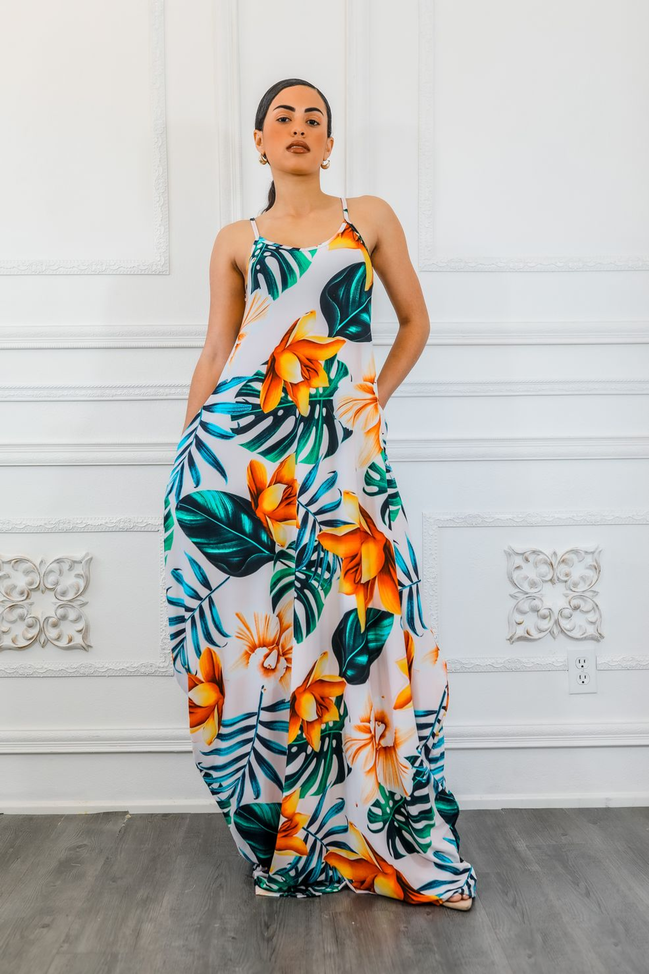 Tropical floral maxi dress with draped waist and spaghetti straps