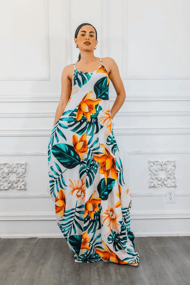 Tropical floral maxi dress with draped waist and spaghetti straps