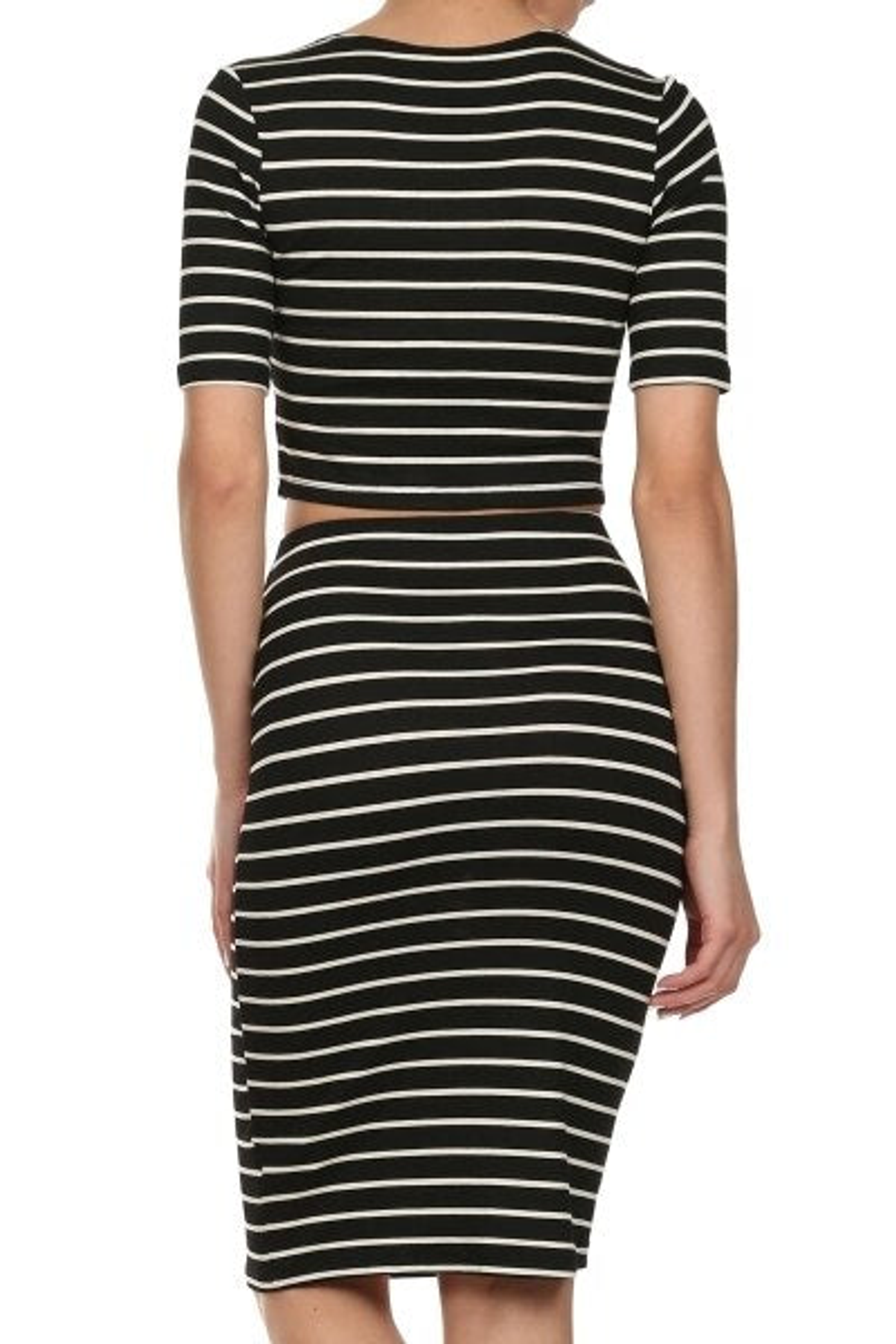 Black and white striped cropped tee and pencil skirt set, back view