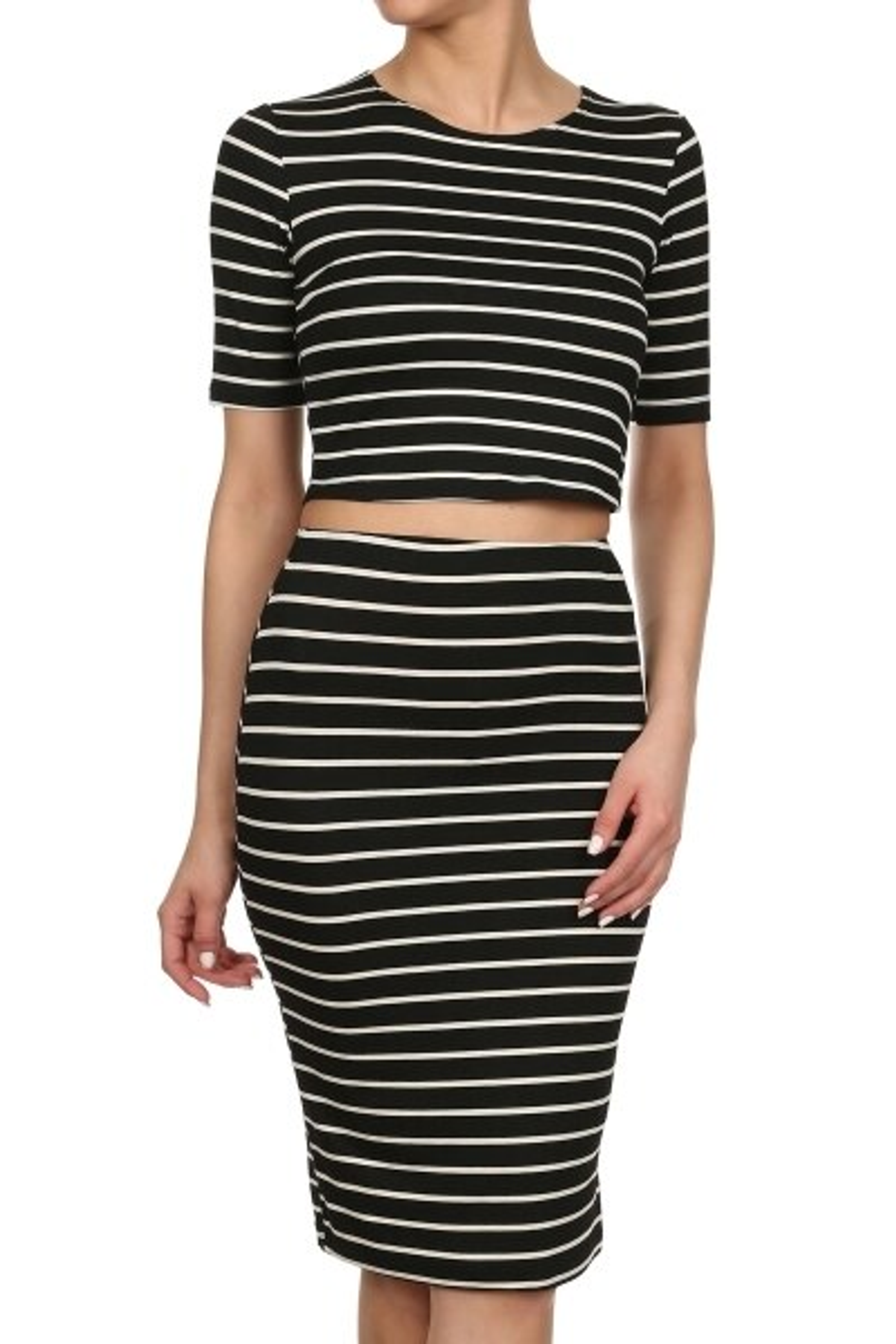 Black and white striped cropped tee with knee-length pencil skirt set