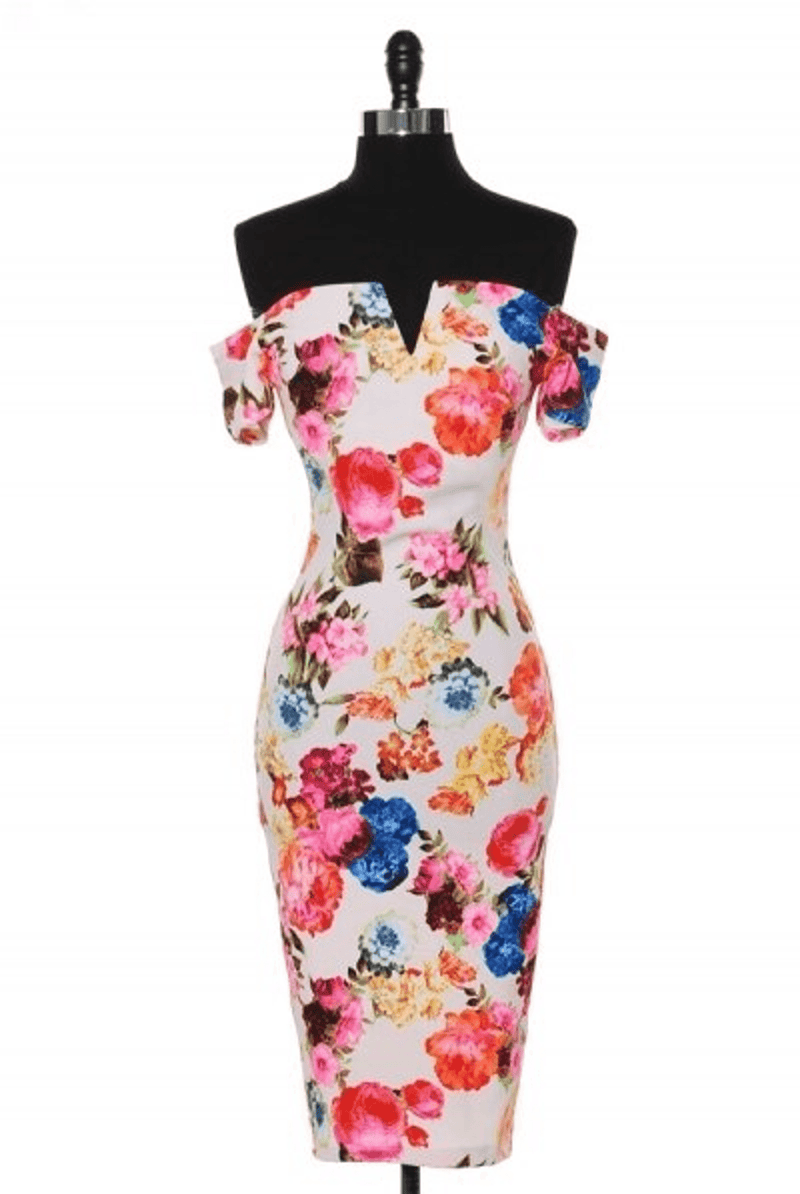 White floral off-shoulder bodycon midi dress on mannequin with multicolor bouquet print