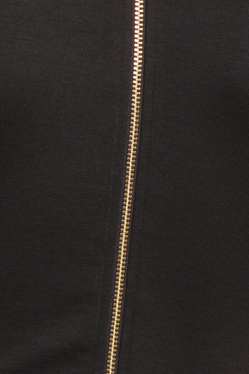 Center gold zipper on a black midi dress