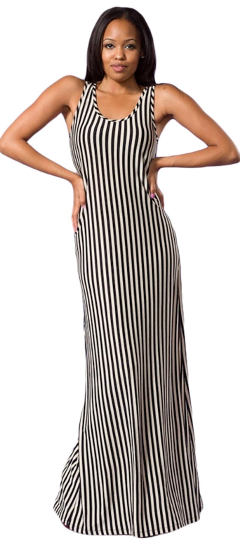 Taupe and black striped maxi dress, sleeveless, scoop neckline, fitted