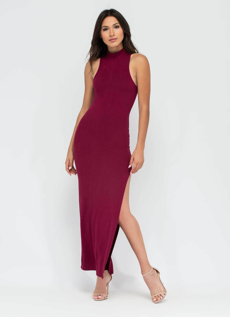 Burgundy sleeveless high-slit maxi dress, fitted with side slit and high neckline