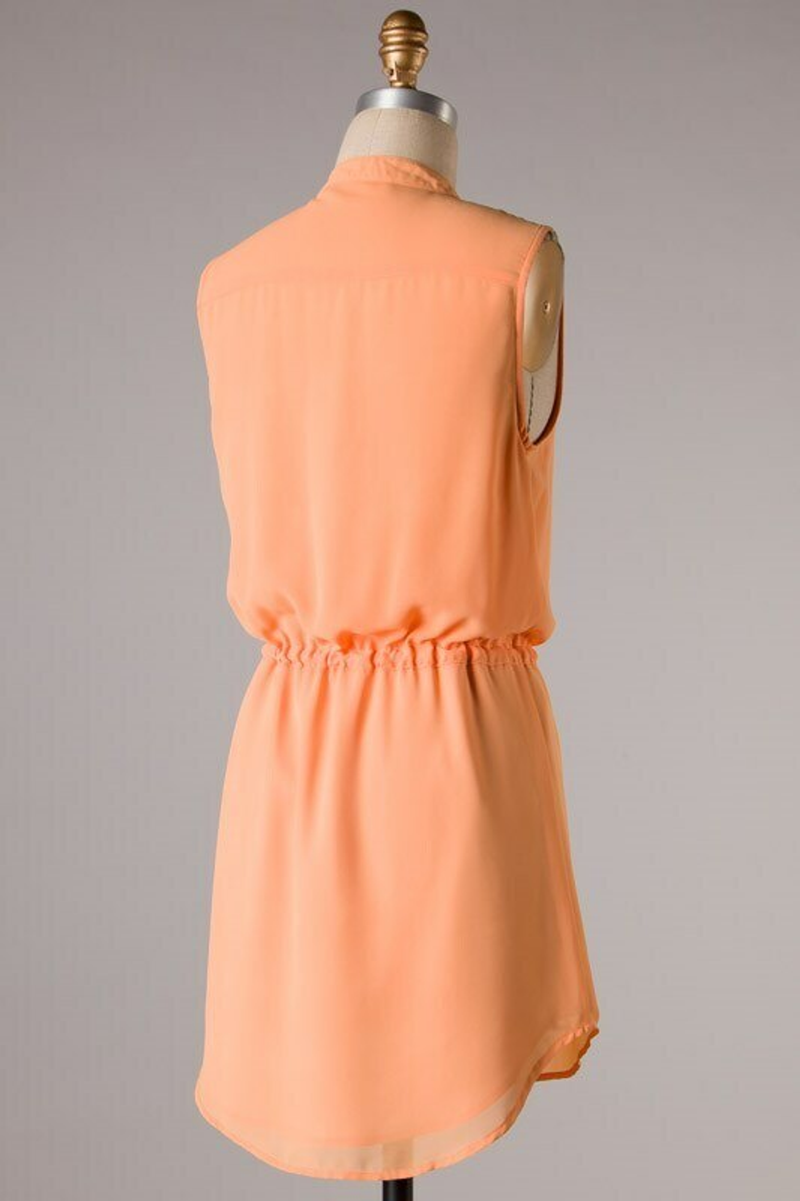 Coral sleeveless dress with gathered banded waist and tie detail on back