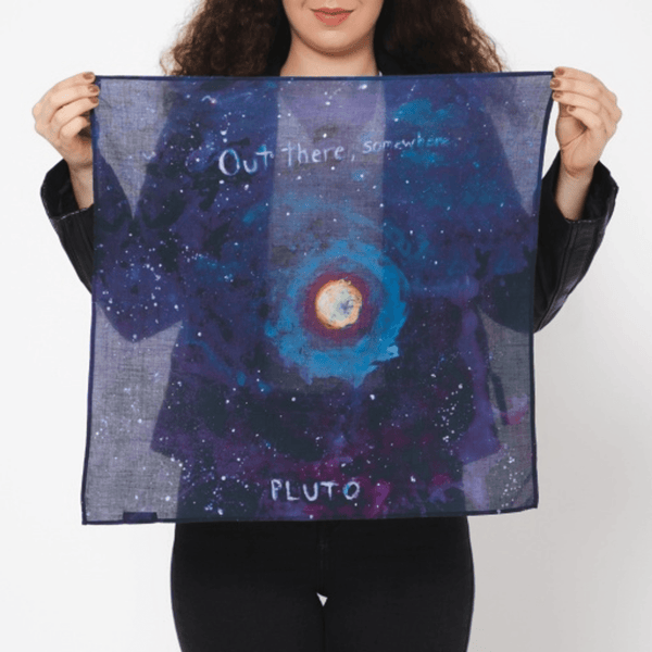 Purple bandana scarf with galaxy space print and circular planet graphic
