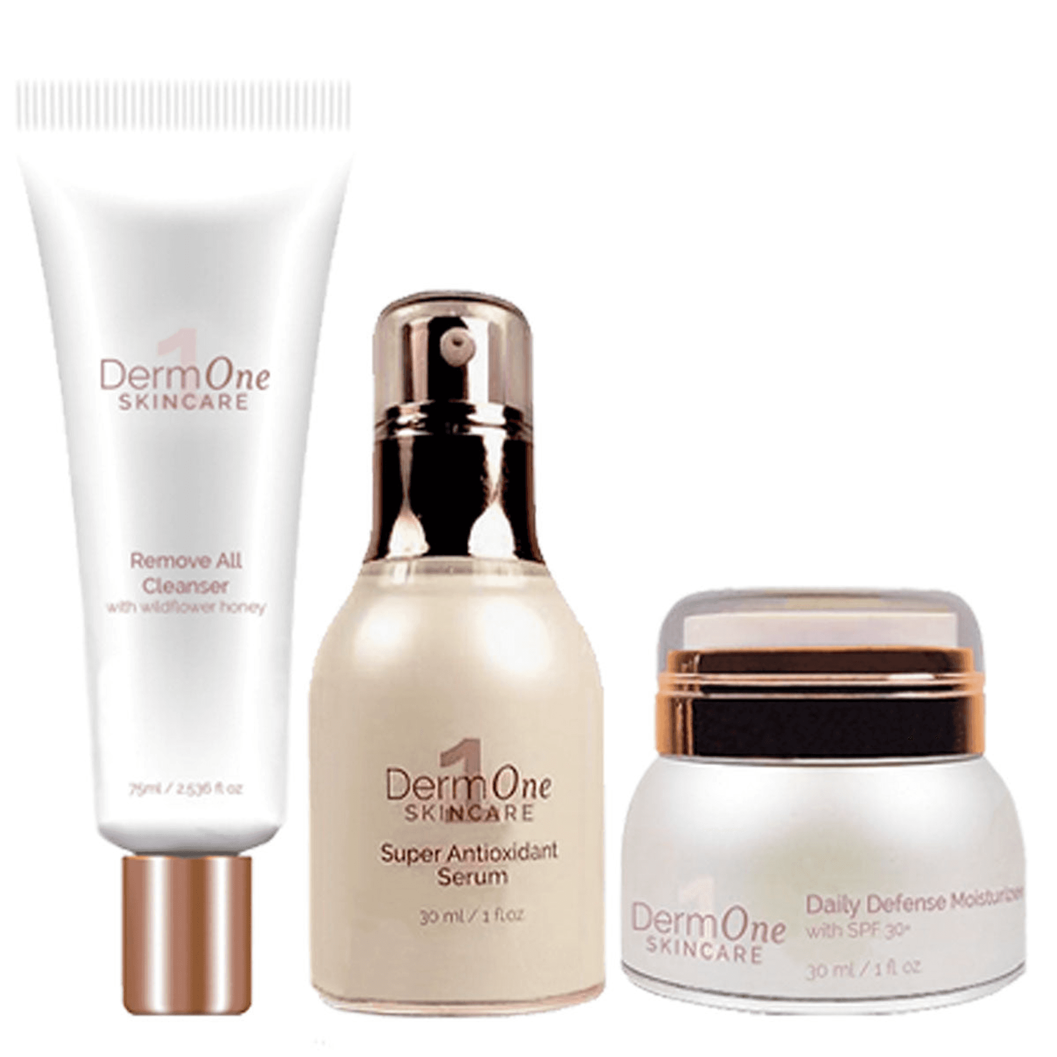DermOne skincare regimen set: cleanser tube, antioxidant serum bottle, SPF 30 moisturizer jar