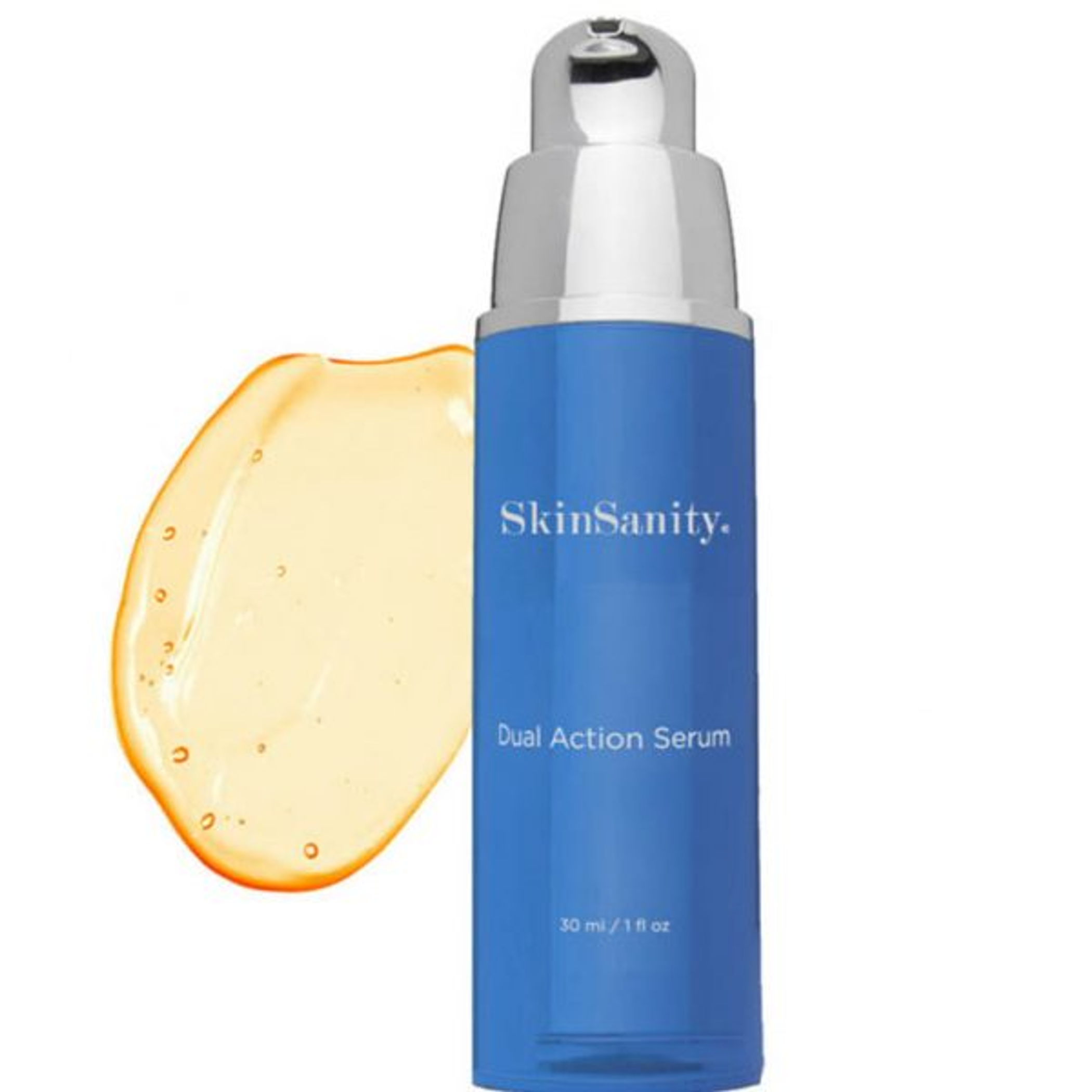 SkinSanity dual action acne serum bottle, blue with silver cap, 30 ml/1 fl oz