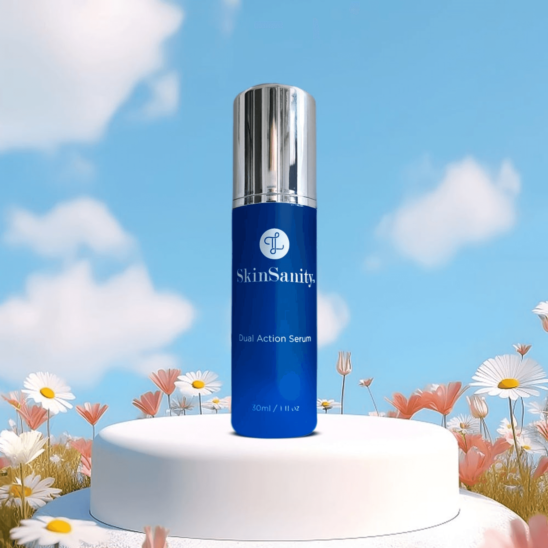 Blue dual action acne serum bottle with silver cap and label on white pedestal