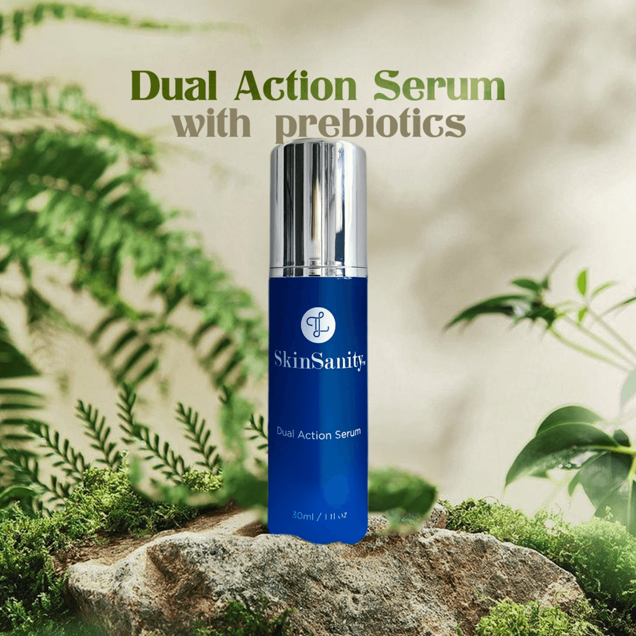 Blue dual action serum bottle with silver cap and SkinSanity label, 30 ml/1 fl oz
