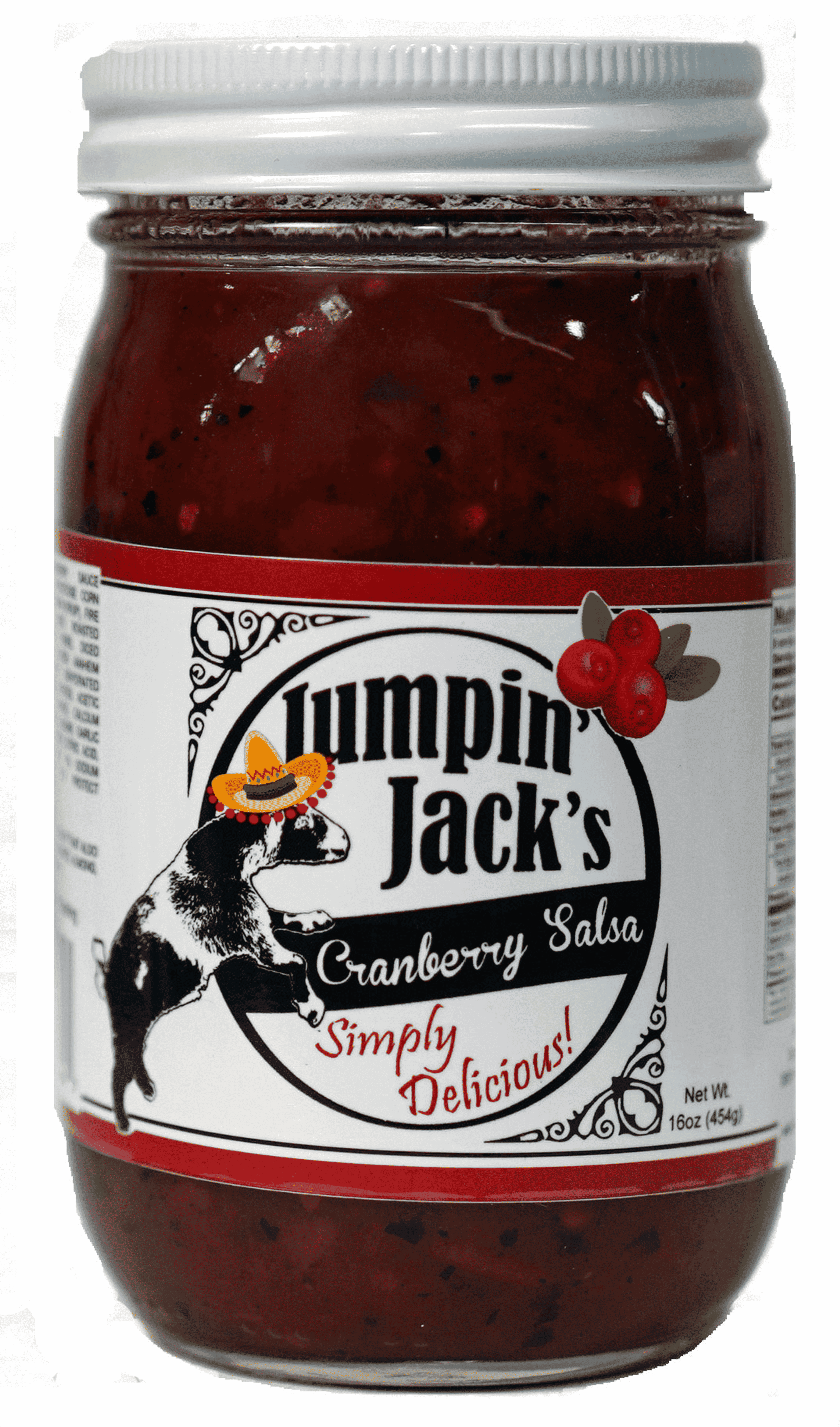 Jumpin' Jack's Cranberry Salsa jar, gold lid, dark red-brown salsa, front label