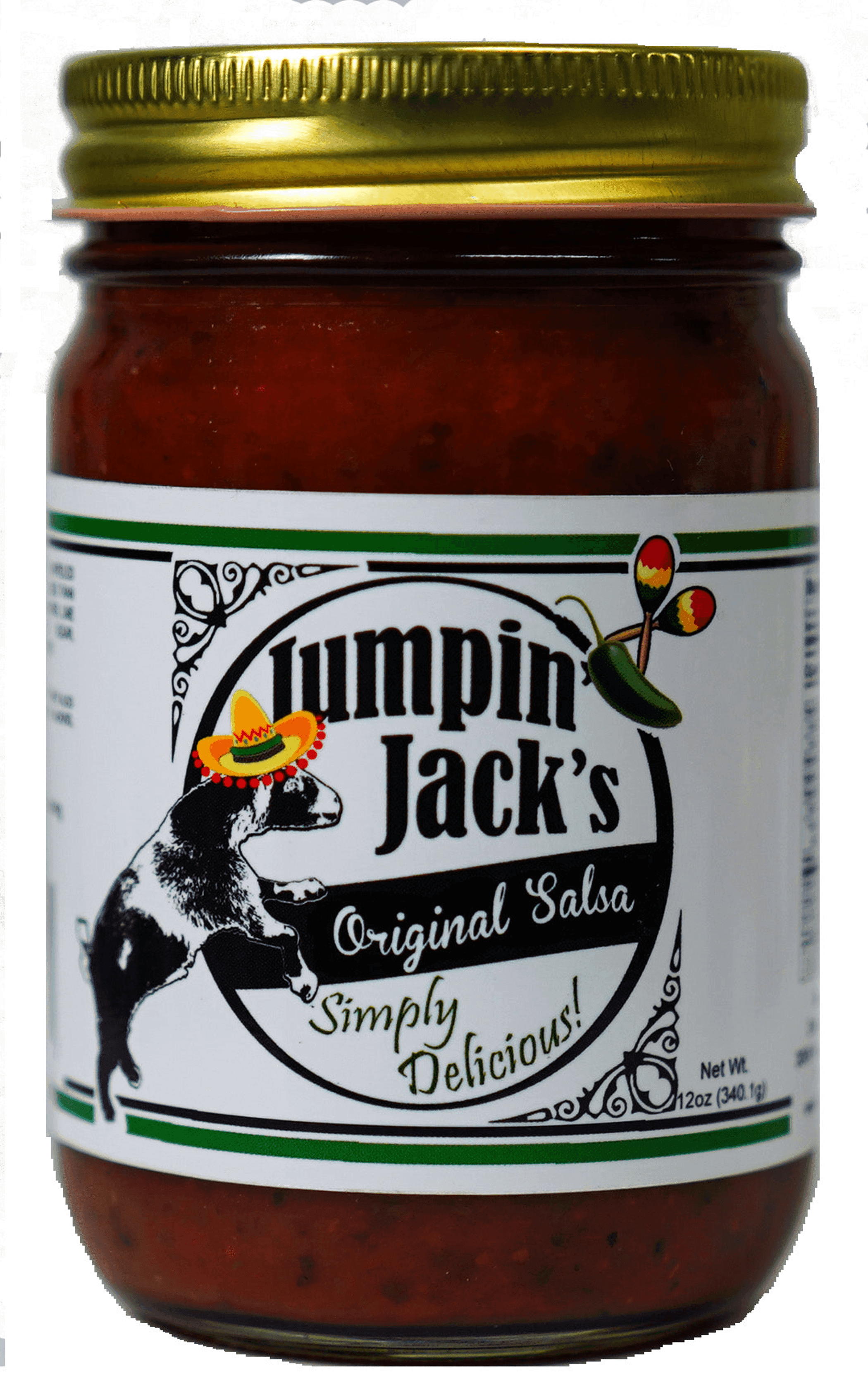 Jumpin' Jack's Original Salsa jar, gold lid, red-brown salsa, front label