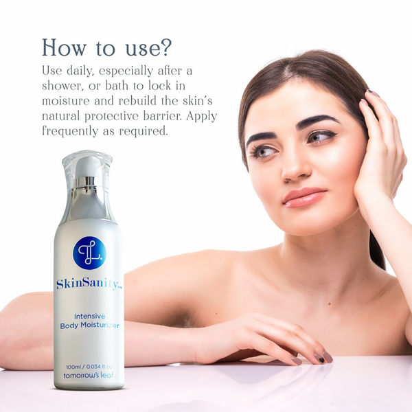 SkinSanity Intensive Body Moisturizer lotion bottle, silver cap, 100ml/3.38 fl oz