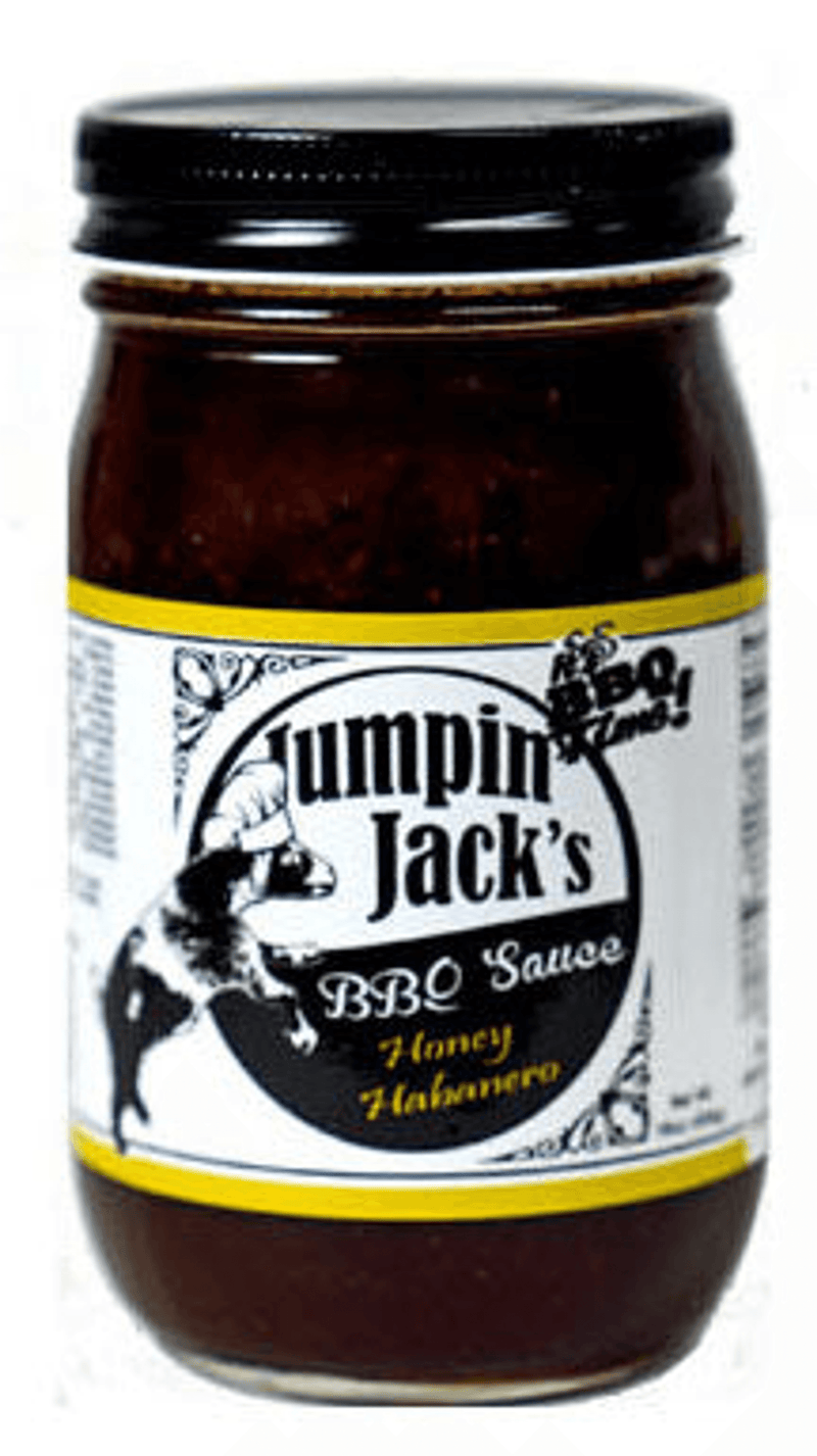 Honey habanero Jumpin' Jack's BBQ sauce jar with black cap and yellow label band