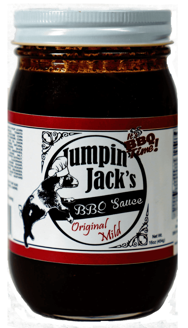 Original mild Jumpin' Jack's BBQ sauce jar with black cap and label