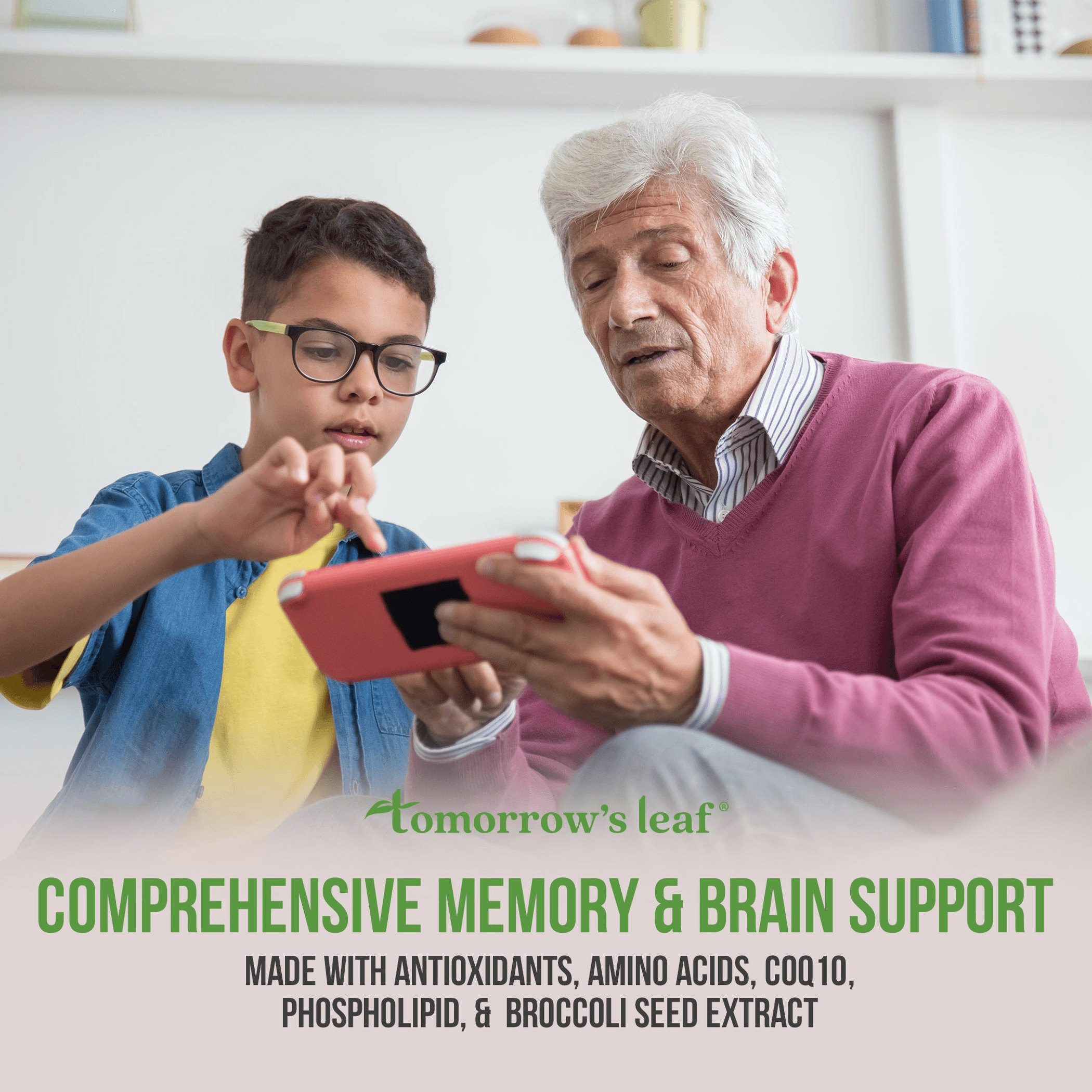 Memory & brain support dietary supplement with green leaf branding on screen overlay