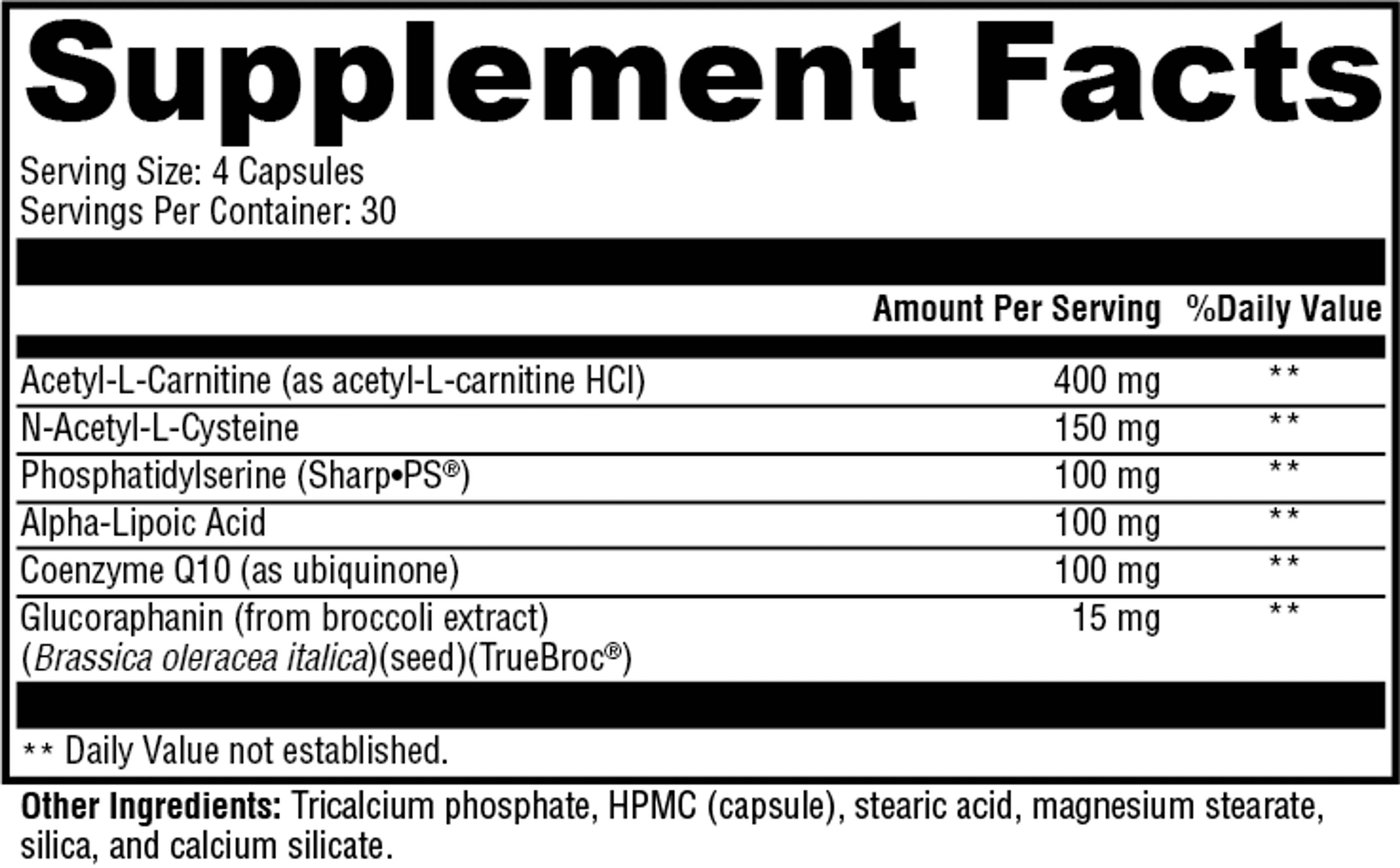 Supplement Facts panel listing ingredients and amounts for memory & brain support capsules