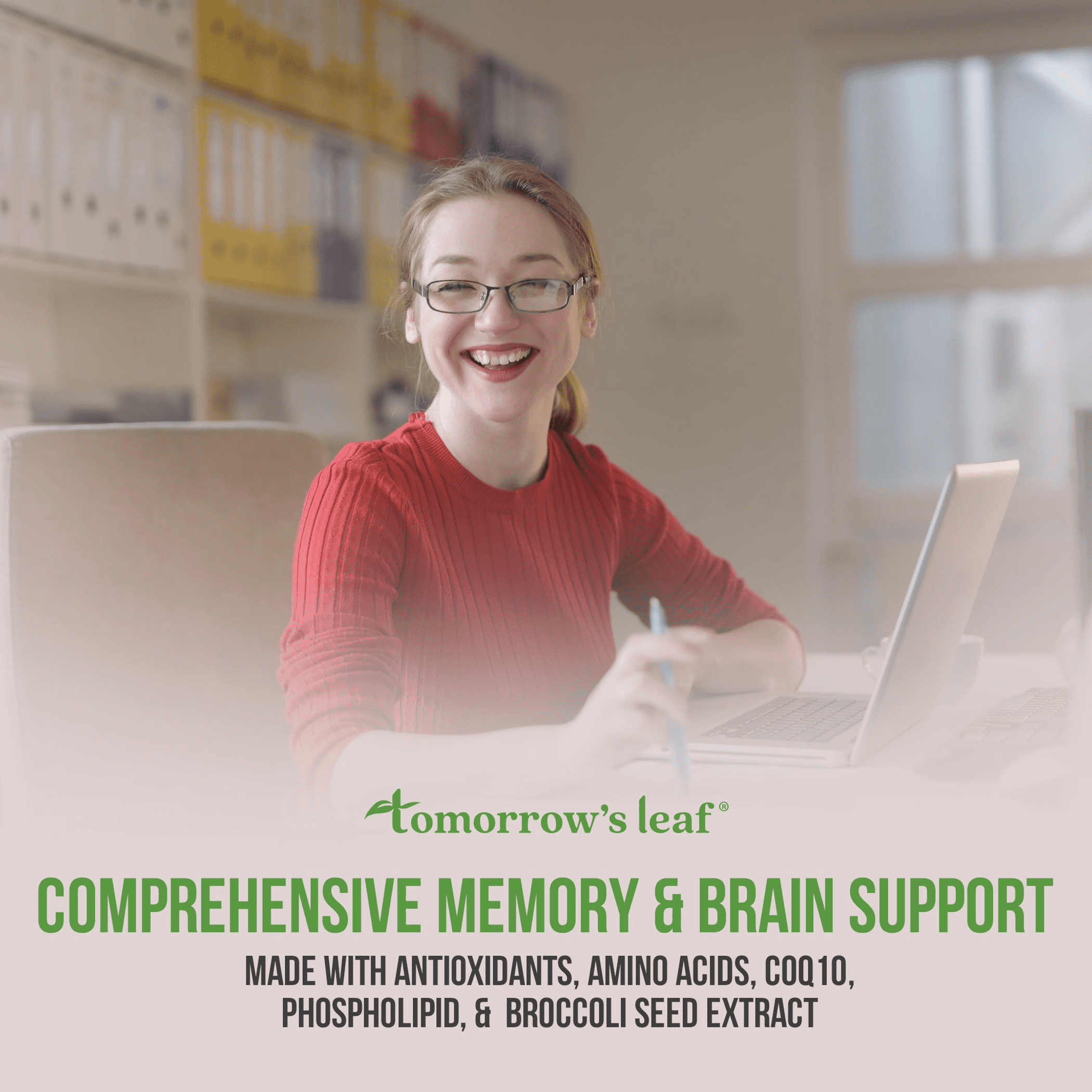 Memory & brain support supplement marketing image with smiling woman using laptop