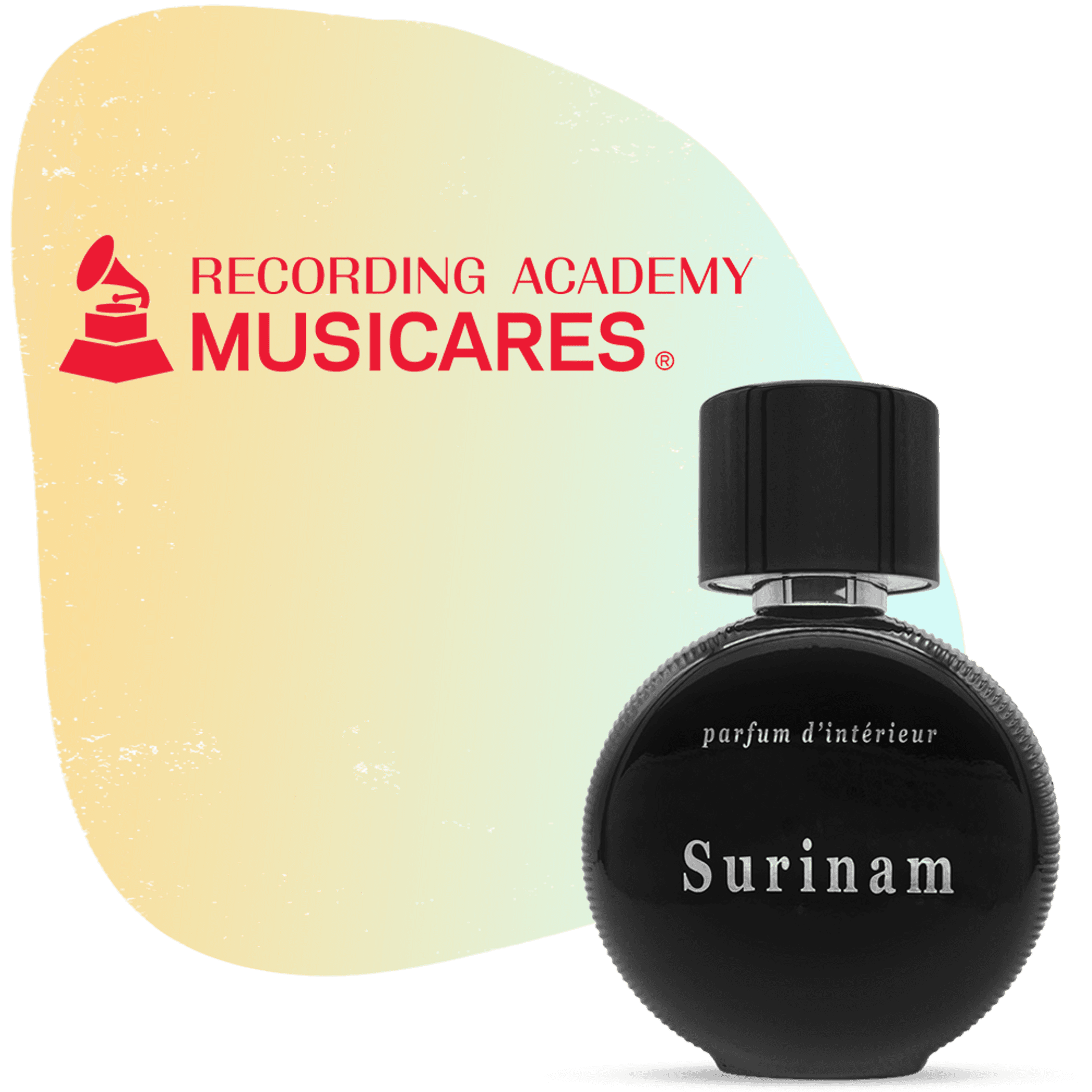 Surinam interior perfume bottle with Recording Academy MusiCares badge