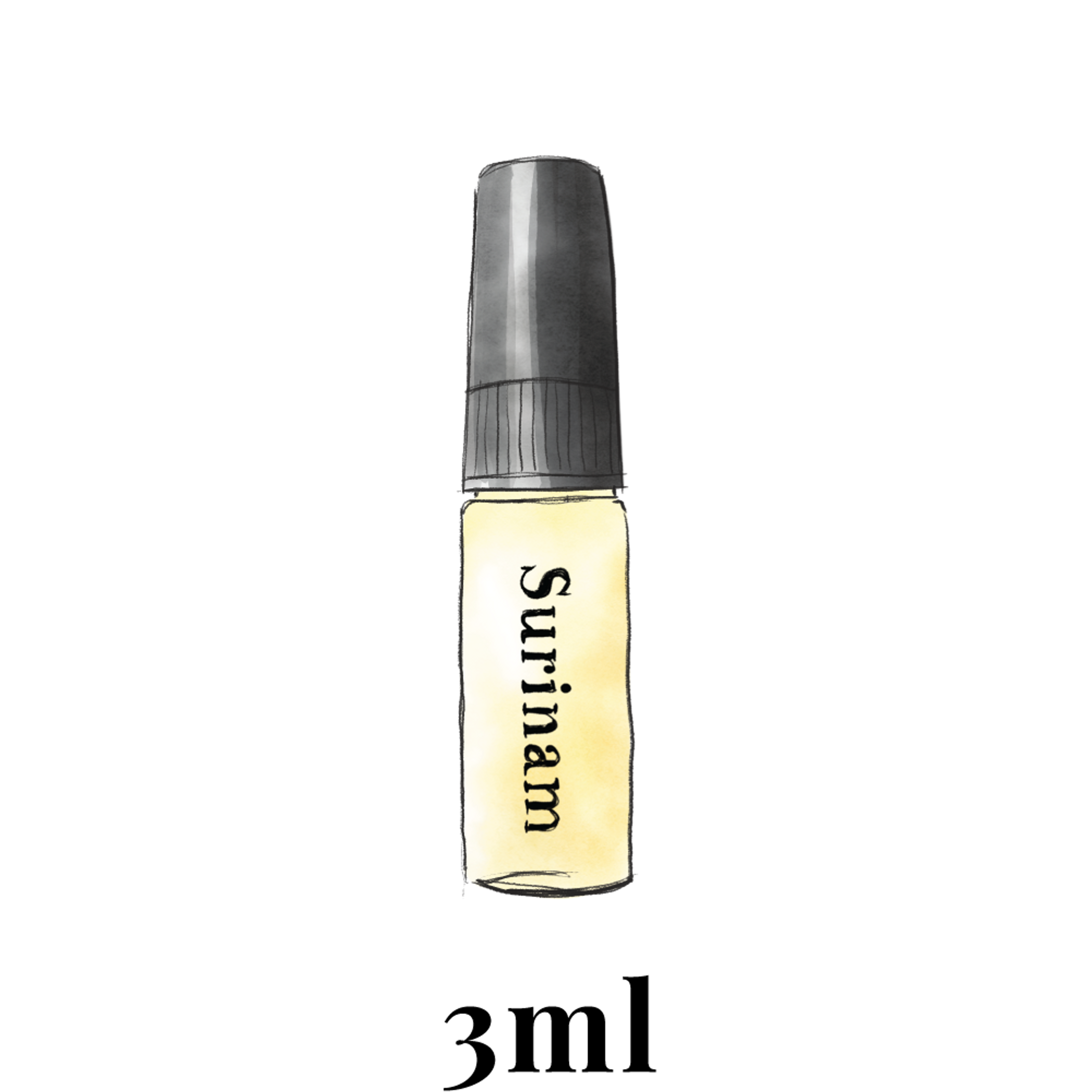 Surinam interior perfume vial, clear bottle with black sprayer and gold Surinam label