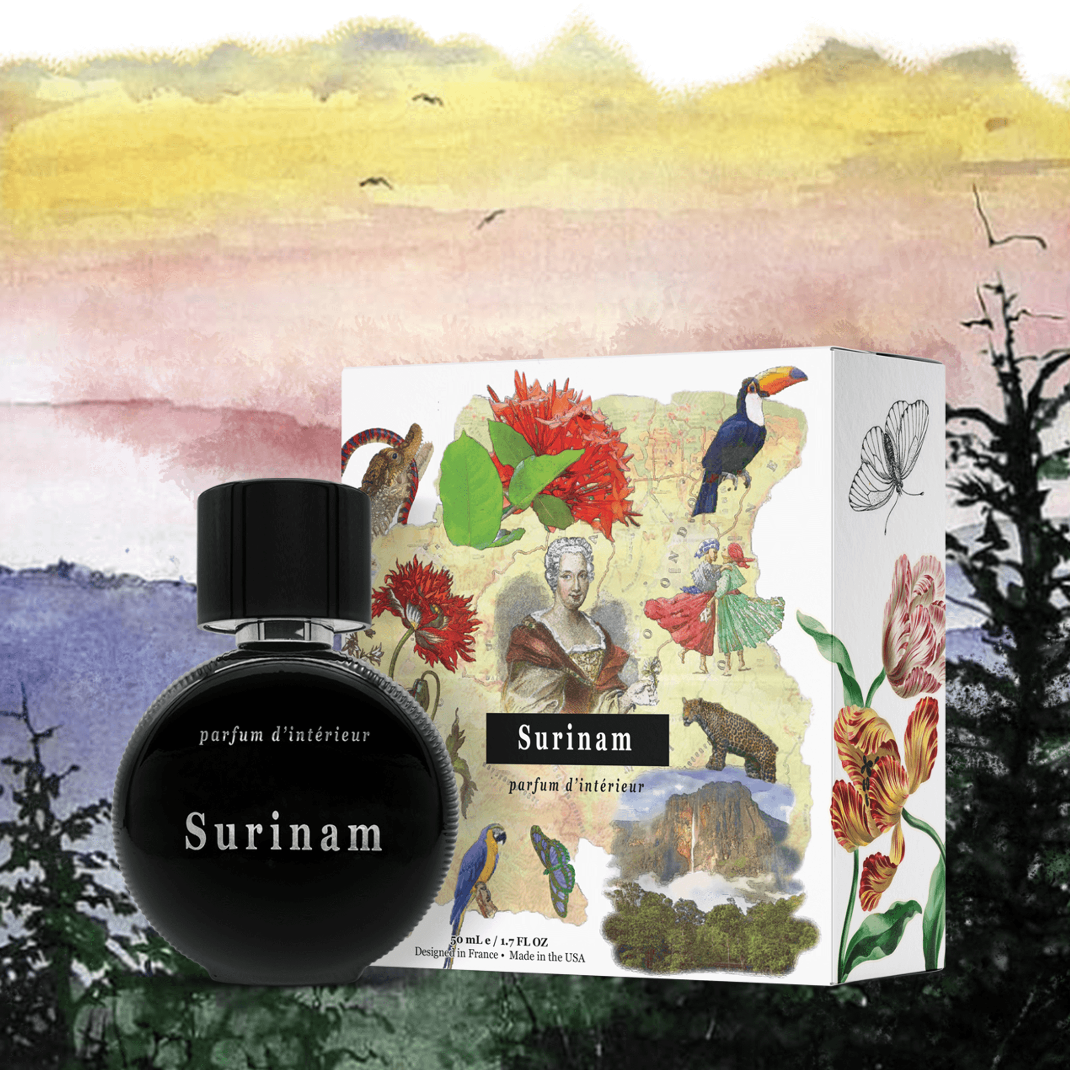 Surinam interior perfume bottle with illustrated gift box packaging