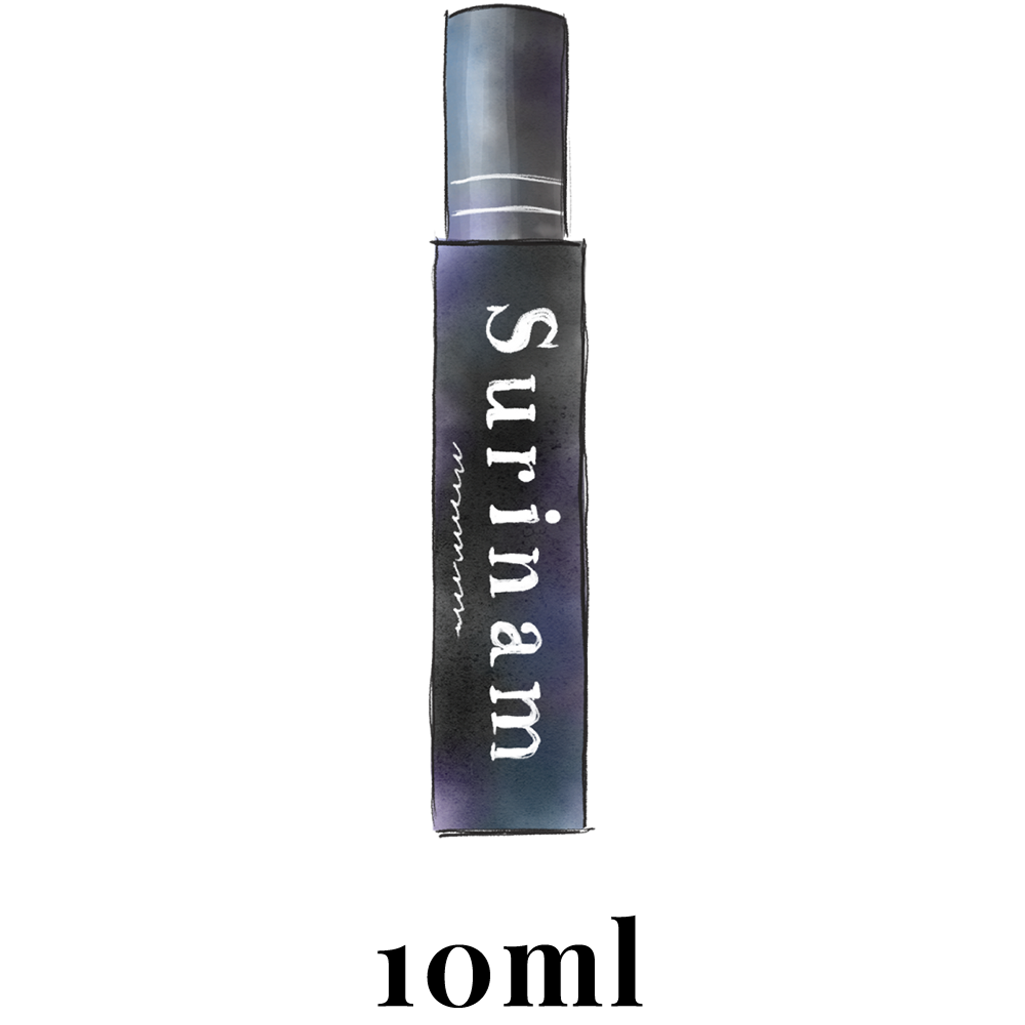 Surinam interior perfume bottle with vertical Surinam text on dark rectangular container