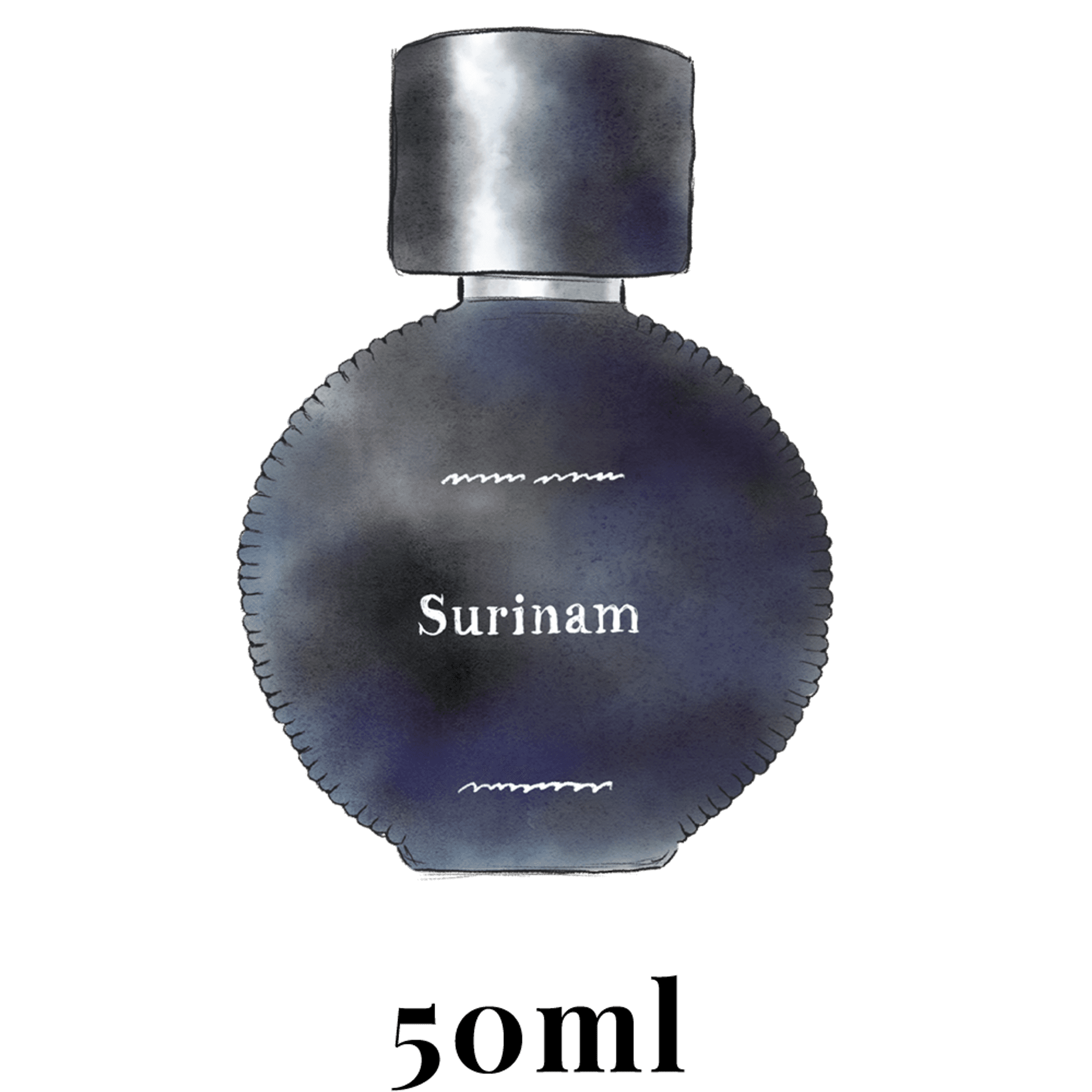 Surinam interior perfume bottle, dark round design with black cap and 50ml mark