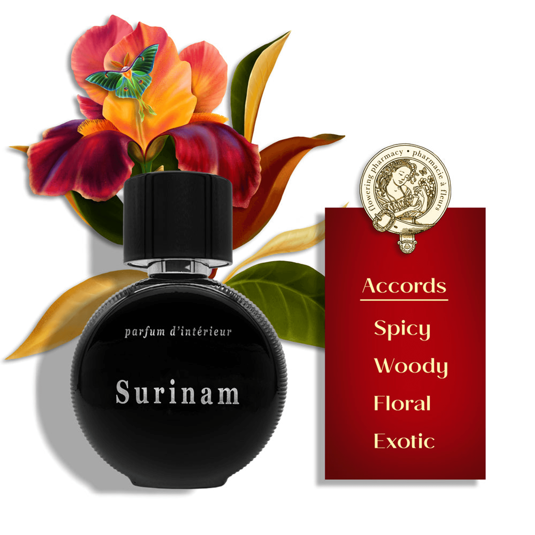 Surinam interior perfume bottle with red scent card listing spicy, woody, floral, exotic
