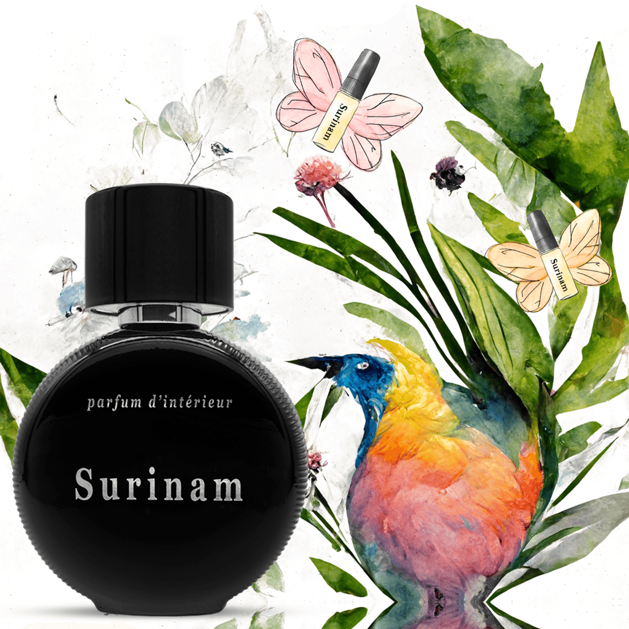 Surinam interior perfume bottle, black round glass with black cap and Surinam label